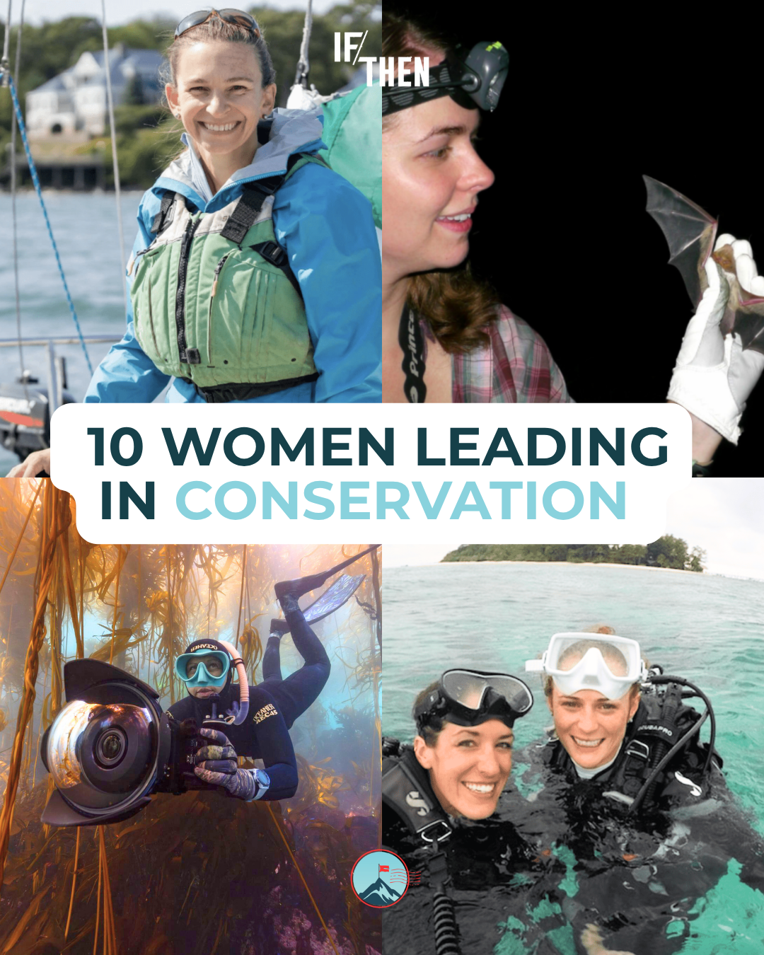 Collage of four women in various conservation activities, including sailing, cave exploration, underwater diving, and polar diving, with text overlay '10 Women Leading in Conservation'.