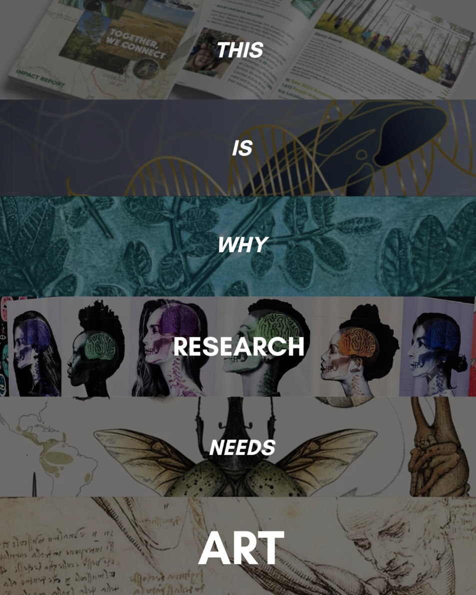A layered infographic with the text 'This is why research needs art' over abstract and scientific images, including DNA strands, a butterfly, and sketches of people and scientific diagrams.