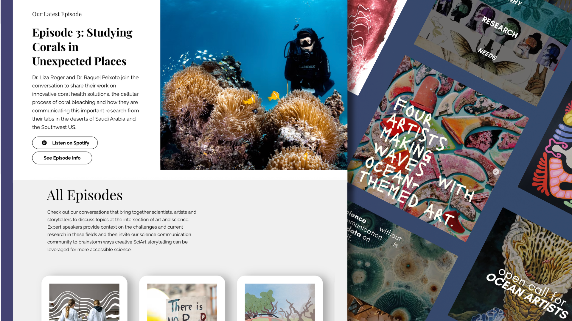 Multiple overlapping digital magazine pages featuring topics on coral reefs, art, and ocean themes, with one page showing a diver exploring a coral reef and another with colorful abstract art.