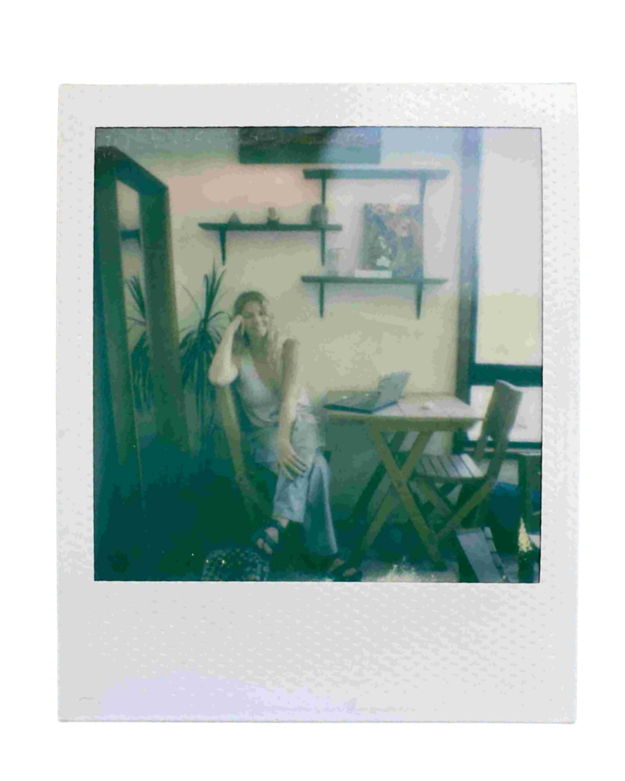 A person sitting at a desk with a laptop, in a room with shelves, a painting, and a plant.
