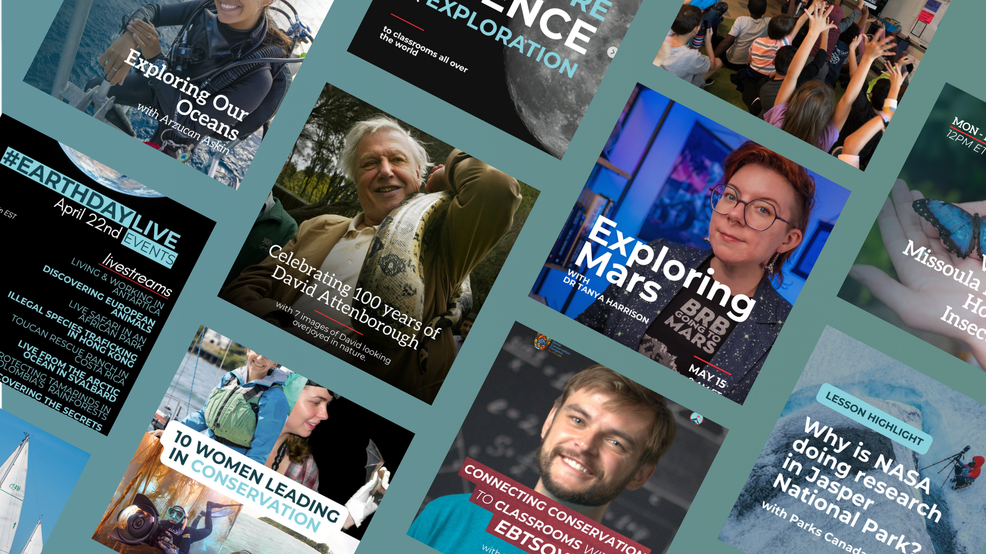 Collage of various educational and environmental event posters, including images of people, nature, and space exploration, with text promoting ocean exploration, space exploration, environmental conservation, and science education.
