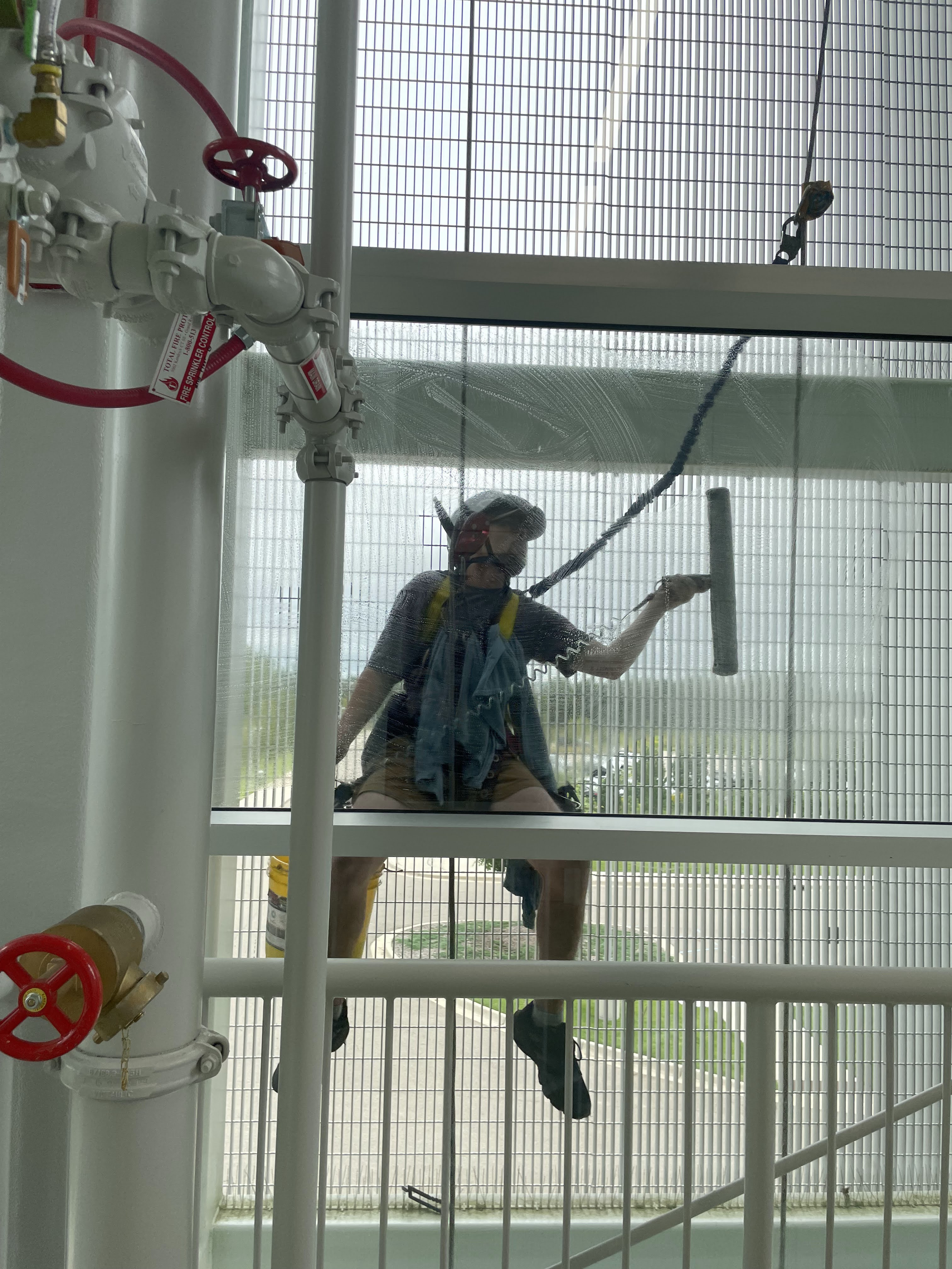 Professional window cleaner seen through a window, hanging from a harness and cleaning a window, with a helmet on.