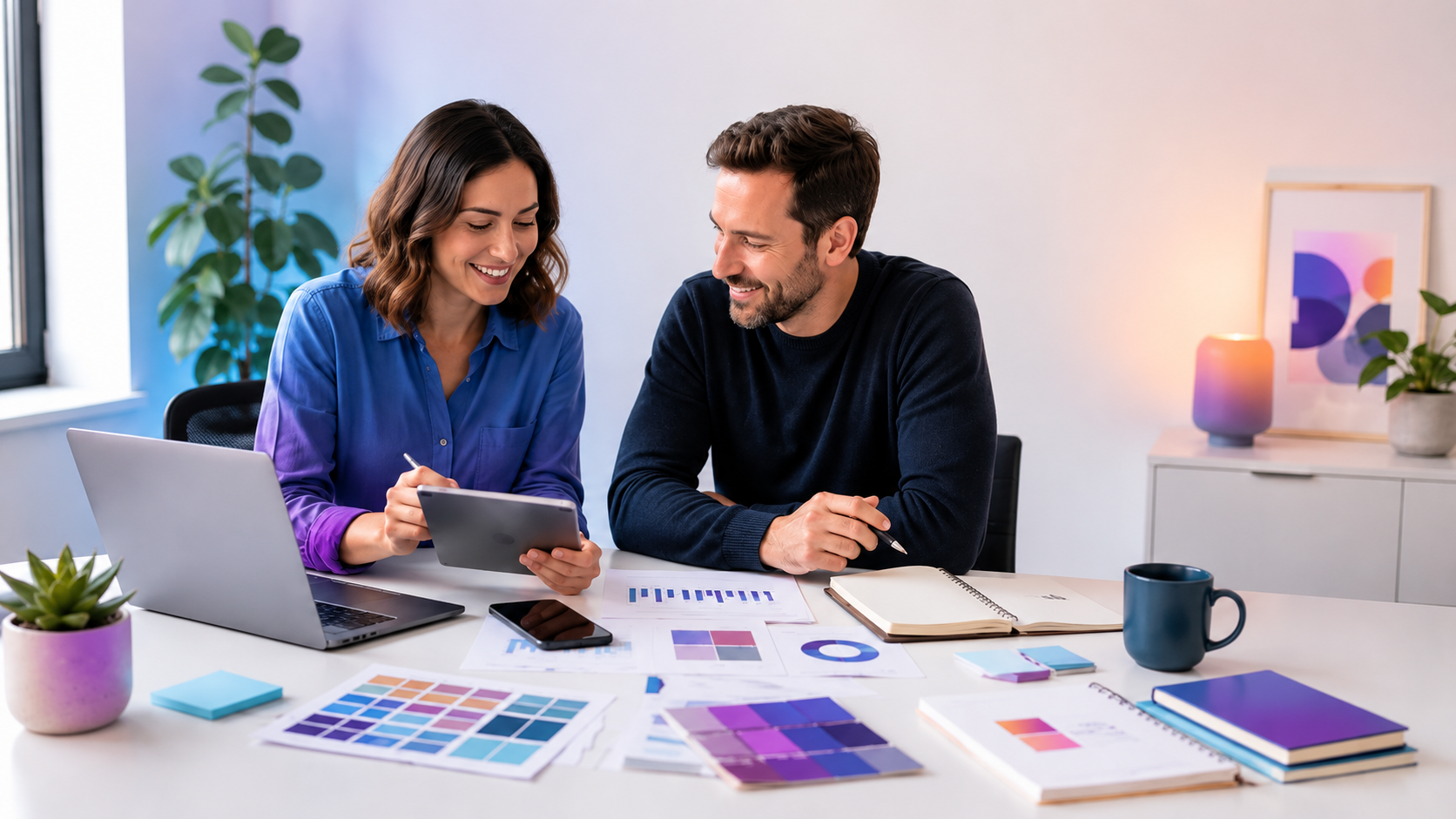Two coworkers, a woman and a man, sit at a white desk with color swatches, charts, and notebooks, discussing work in an office with plants and decor in the background.