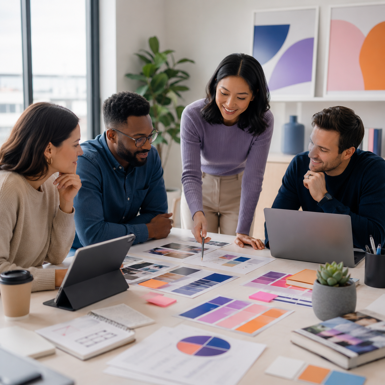 Group of four people discussing color swatches and design ideas at a meeting in a modern office.