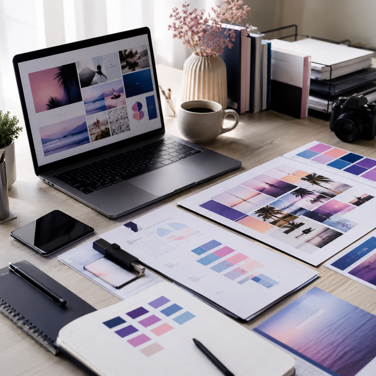 A workspace with a laptop showing a photo collection, color swatches, a notebook, printed photo collages of sunsets and palm trees, a smartphone, a coffee mug, a potted plant, a camera, and various organized papers and folders.