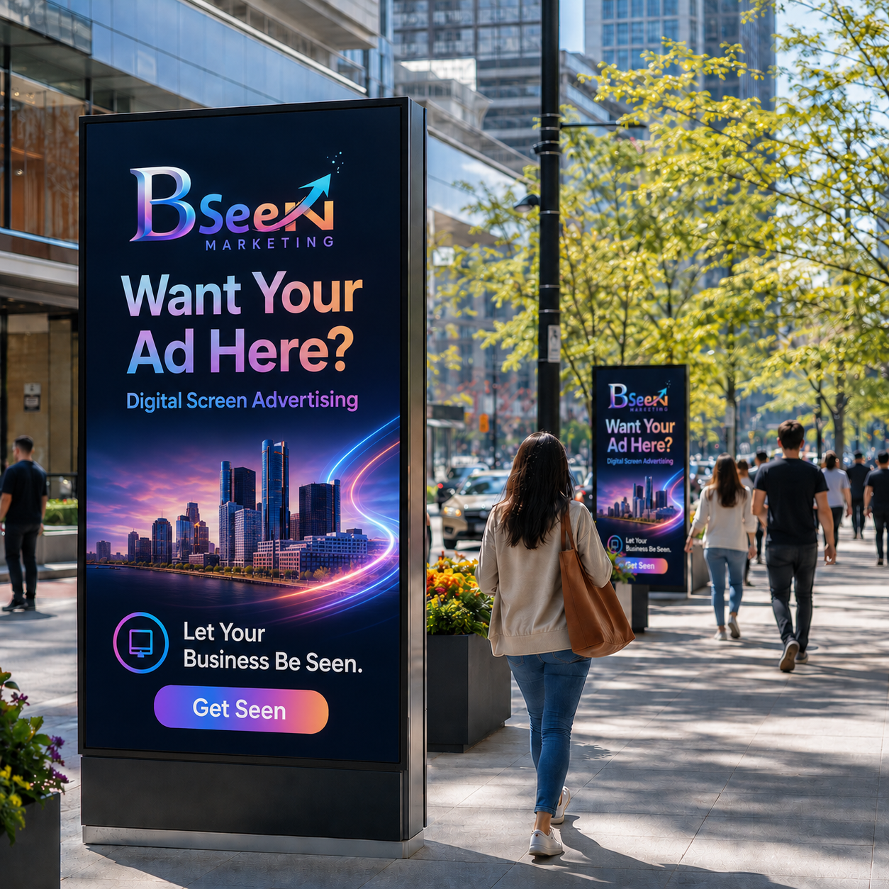 Digital advertising billboard on a city sidewalk promoting digital screen advertising services with colorful cityscape graphic.