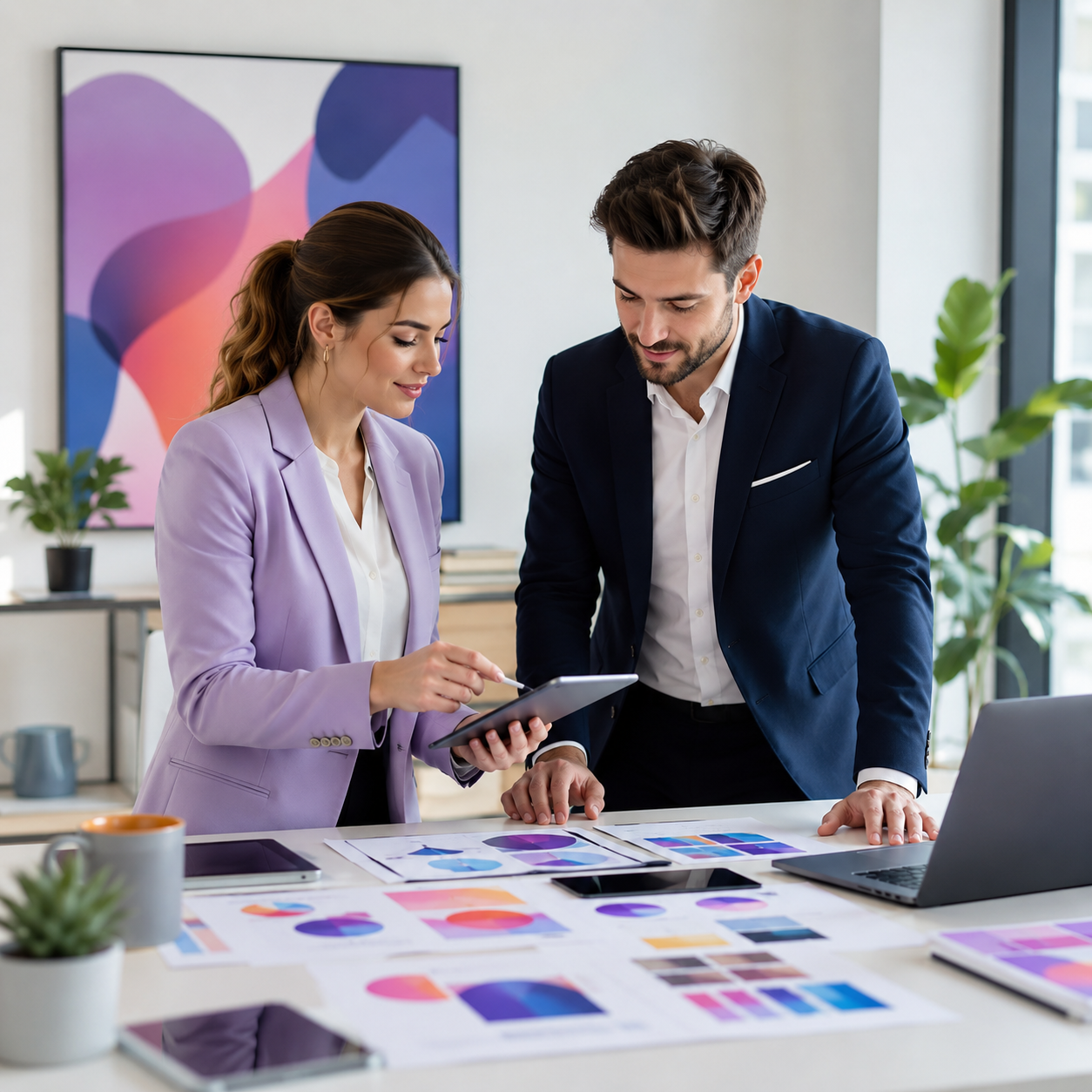 Two professionals, a woman in a lavender blazer and a man in a navy suit, collaborate over a tablet in a modern office with colorful design charts and laptops on the table.