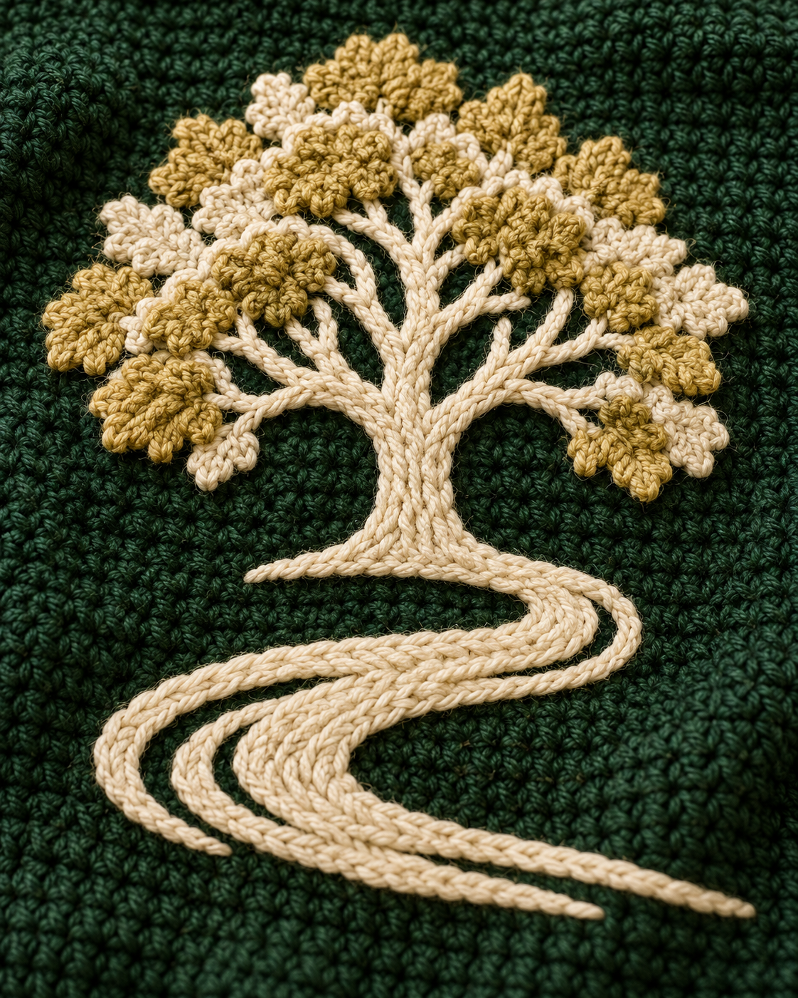 Close-up of the Alhambra Creek tree and winding creek emblem in cream and gold crochet on deep green fabric