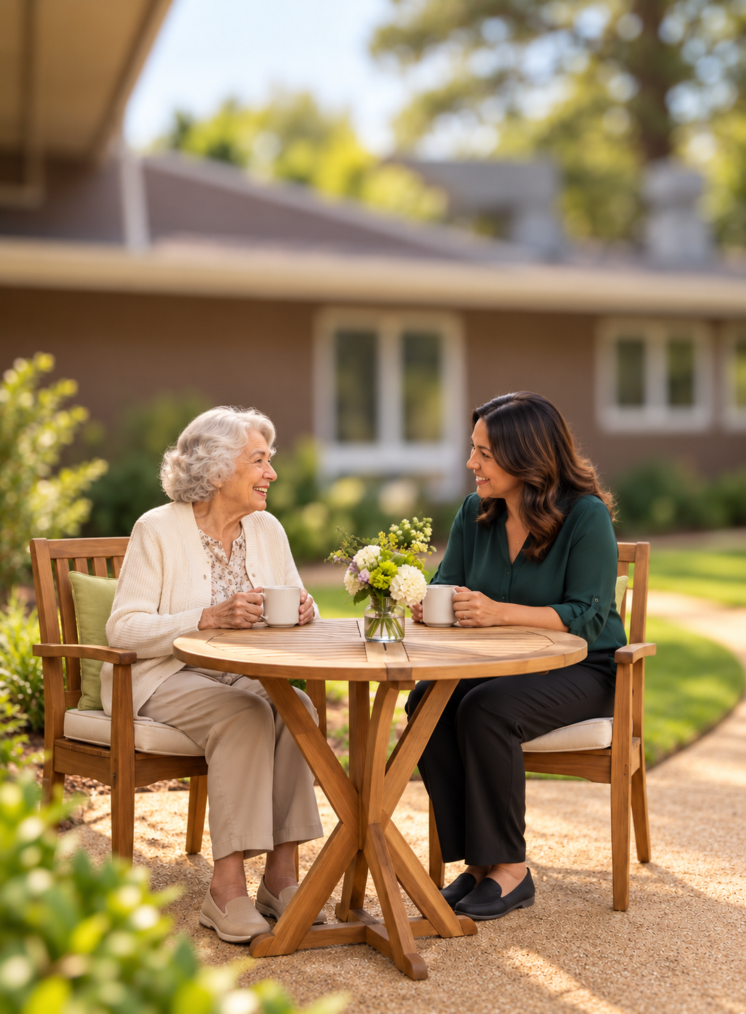 Illustration of an older adult and staff member sharing conversation in a courtyard, inspired by Alhambra Creek in Martinez.
