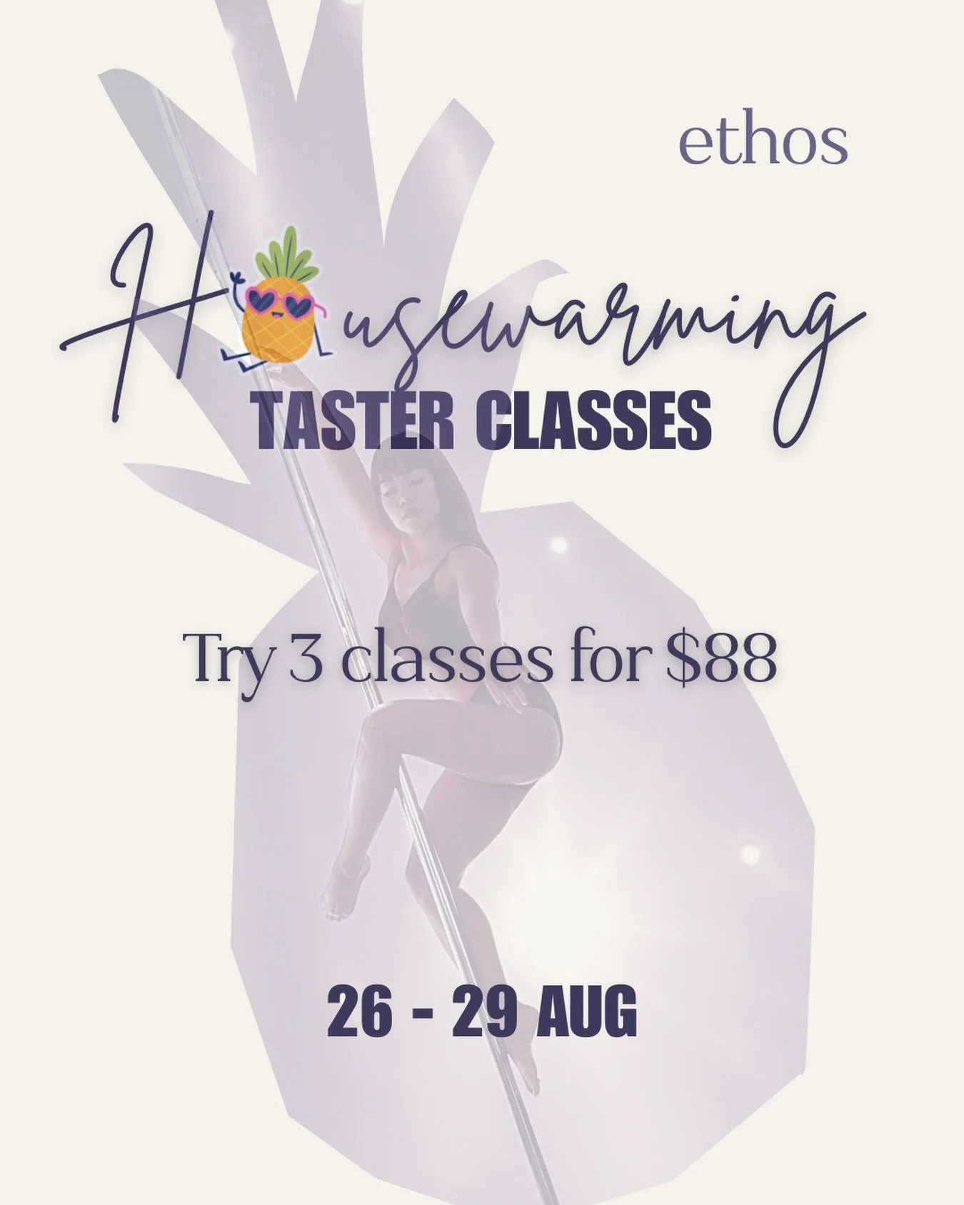 Before Term I officially kicks off, we&rsquo;re opening our doors for a taste of Ethos! 🍍⁣
⁣
Sample 3 classes this week for $88 and get a feel for your new 𝘩𝘰𝘮𝘦 𝘢𝘸𝘢𝘺 𝘧𝘳𝘰𝘮 𝘩𝘰𝘮𝘦, plus the different classes we have to offer. Single clas