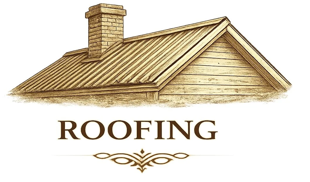 Illustration of a house roof with a chimney and the word 'ROOFING' underneath.