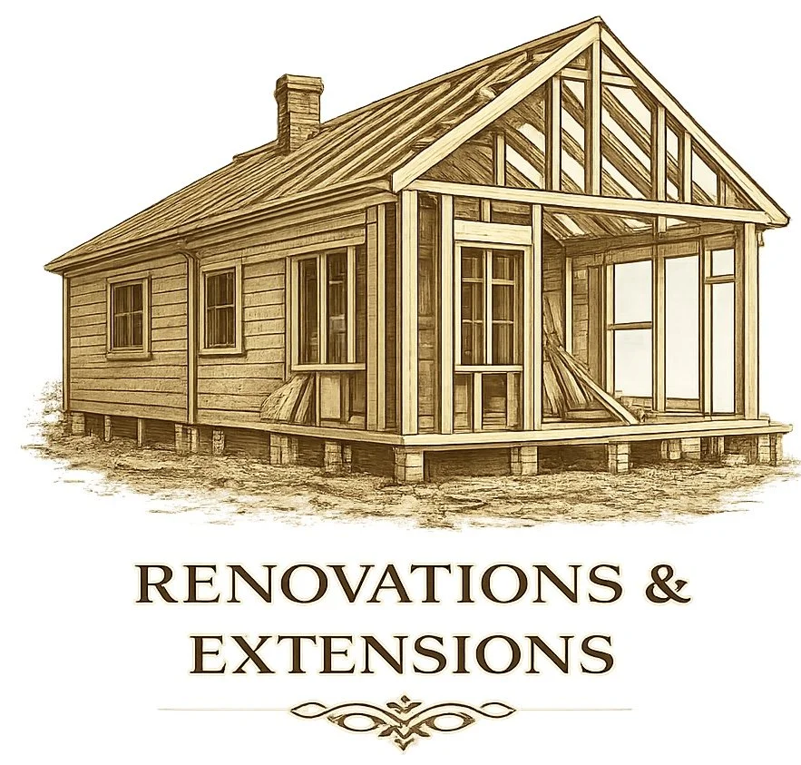Sketch of a house under construction with wooden frame and a chimney, and the text "Renovations & Extensions" beneath.