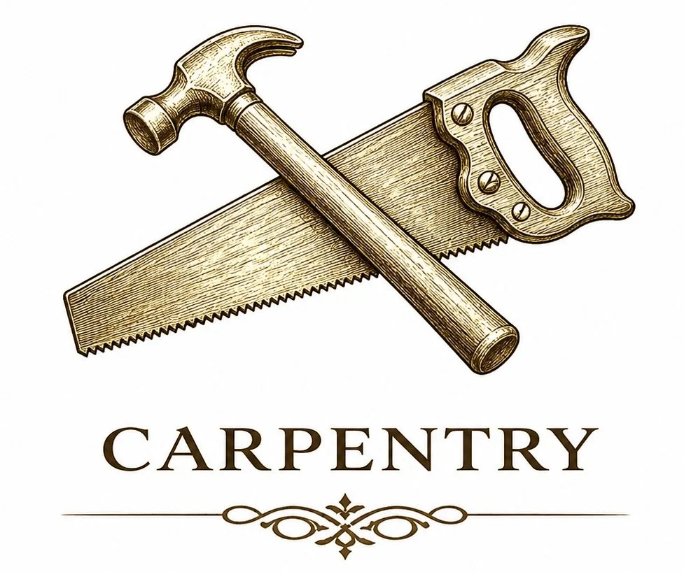 A logo with a hammer and saw crossed over each other above the word 'Carpentry' with decorative lines underneath.