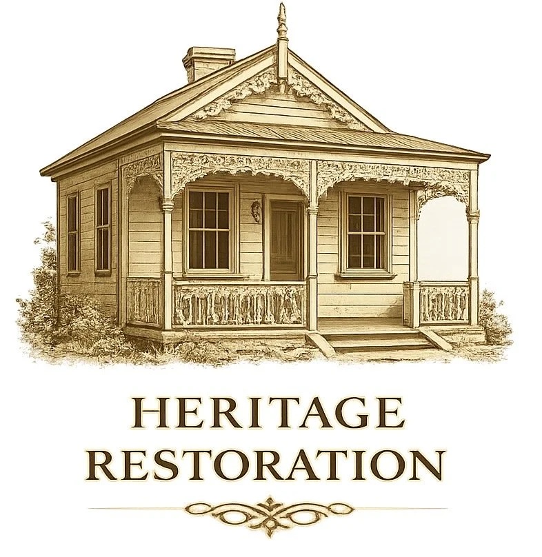 A sepia-toned illustration of a vintage wooden house with a front porch and decorative trim, with the words "Heritage Restoration" below.