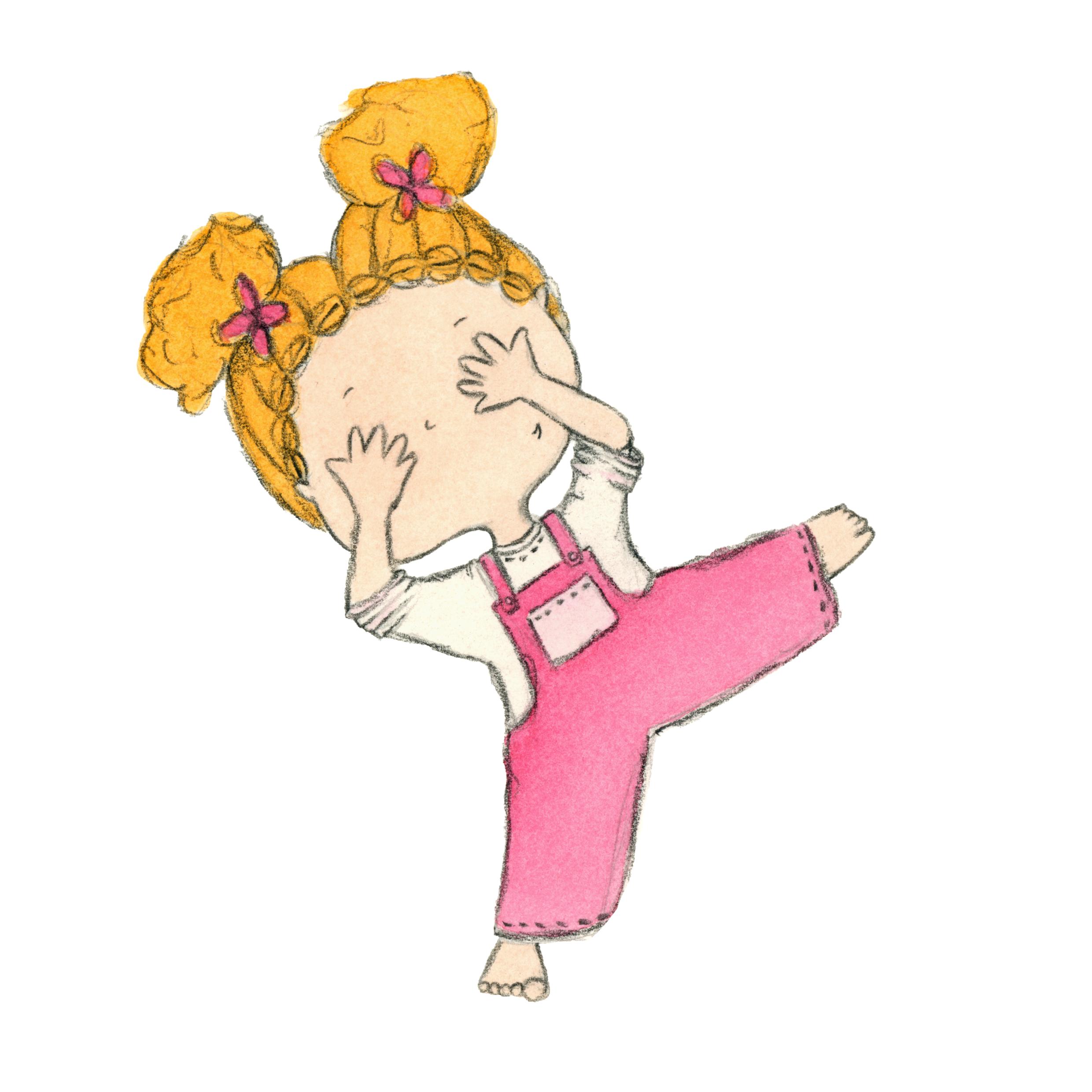Watercolor illustration of a girl with curly orange hair adorned with pink bows, wearing a pink dress with a gray and pink apron, touching her face with one hand and standing barefoot