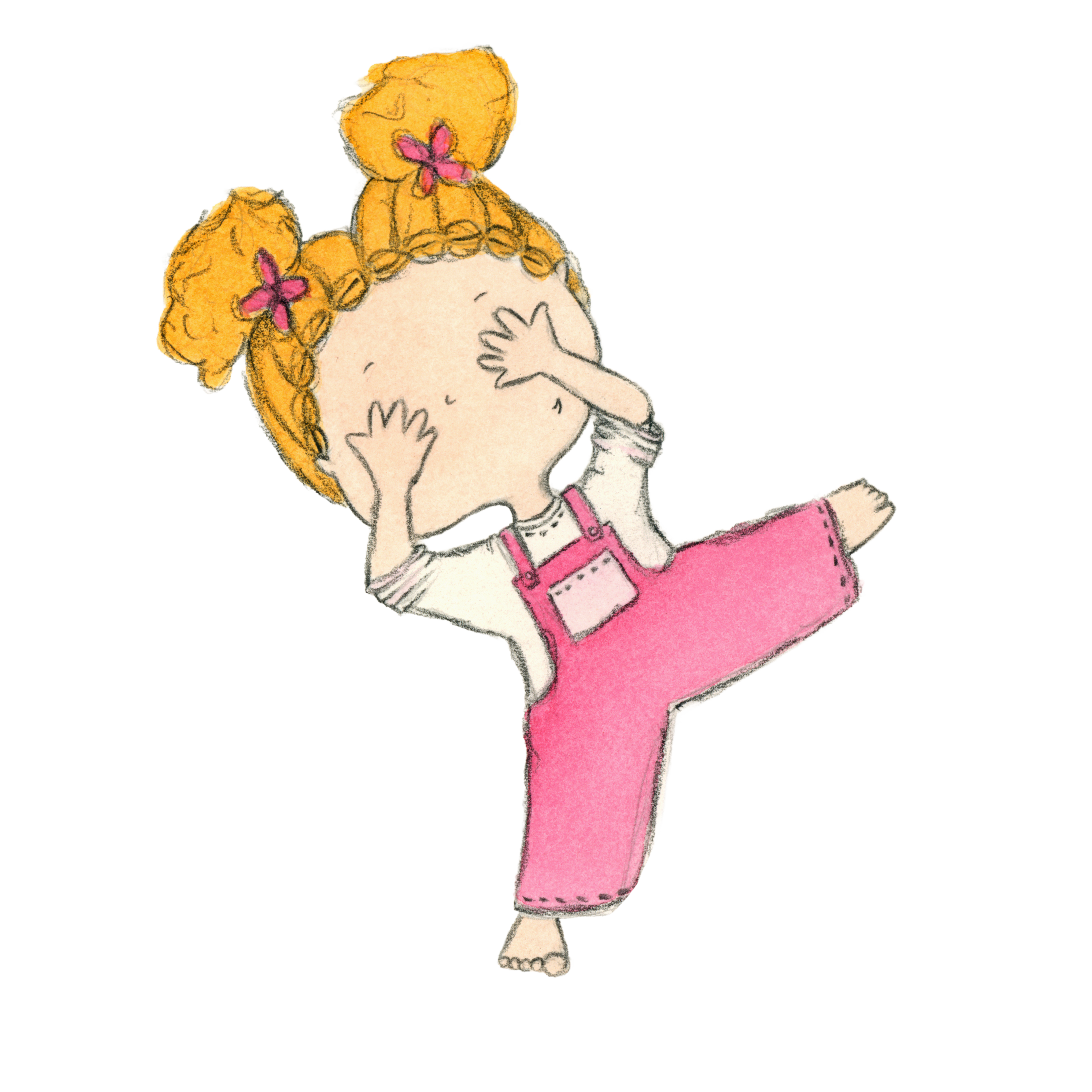 A hand-drawn illustration of a girl with orange hair styled in two braids with pink flowers, wearing a pink dress with a bib, and holding her hands over her chest, depicted in soft pastel colors.