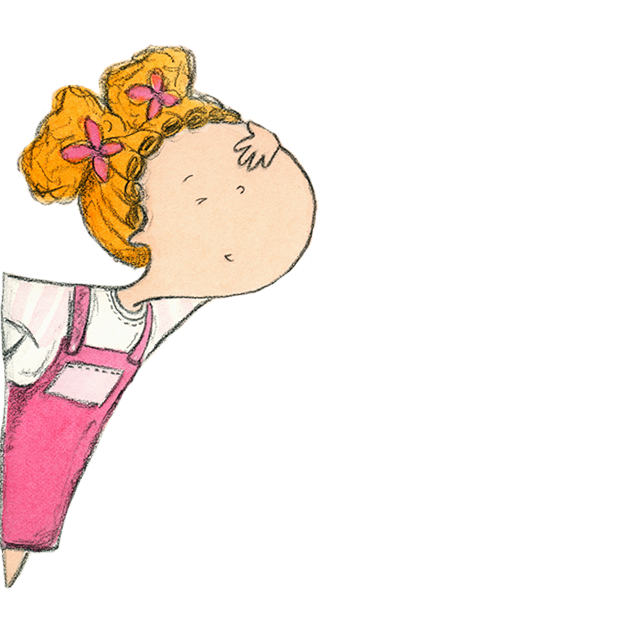 A cartoon of a young girl with curly blonde hair wearing pink glasses and a pink apron, possibly in a kitchen or workshop.