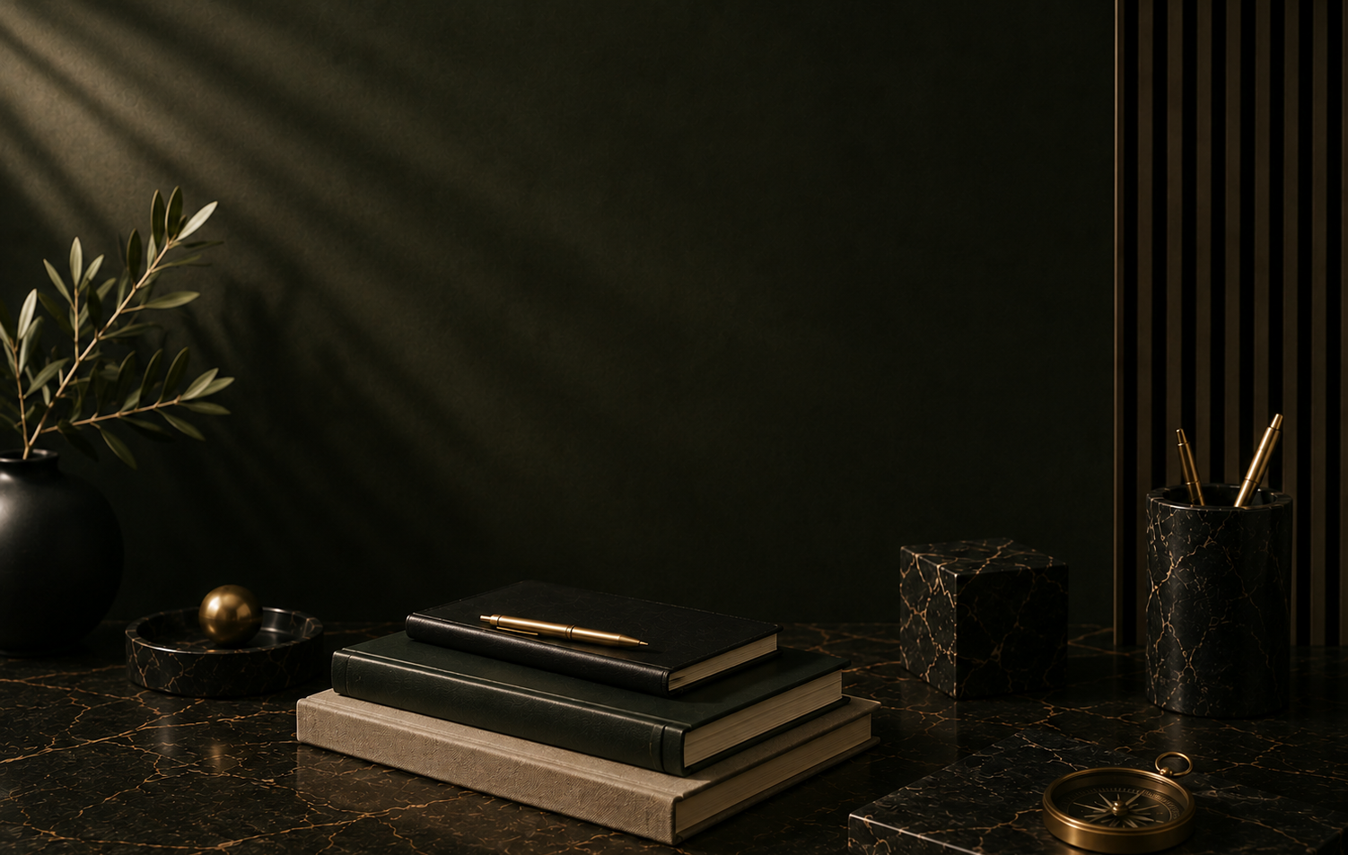 Dark marble desk with stacked notebooks, a gold pen, a black vase with green leaves, a marble container with gold pens, and a gold compass, all set against a dark background with golden light beams.