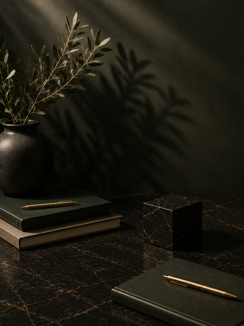 A black vase with green leafy branches, shadow cast on dark wall; black marble cube, closed green notebooks with gold pens on a dark marble table.