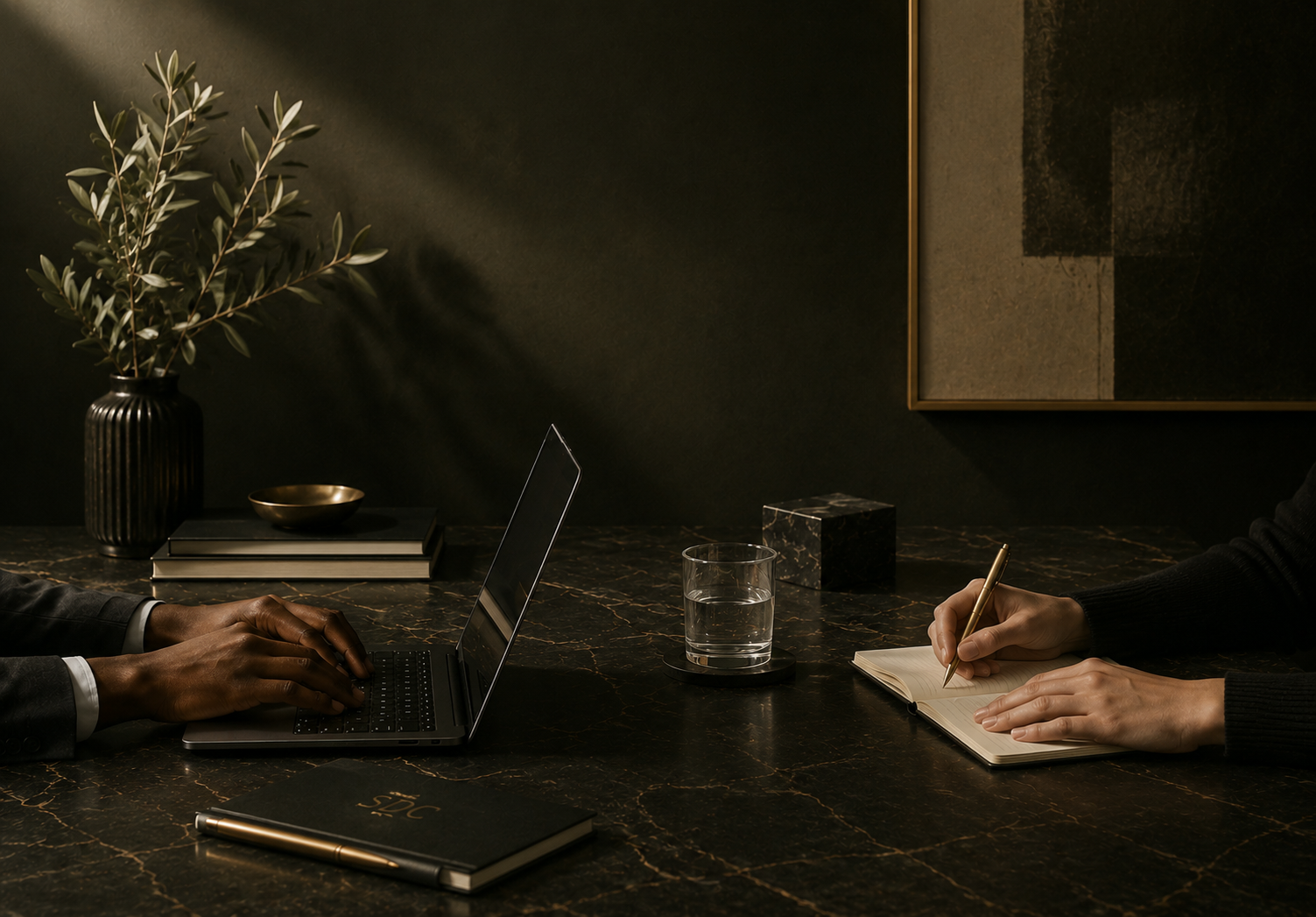 Two people sitting at a dark marble table in a dimly lit room, one using a laptop and the other writing in a notebook, with a glass of water, a potted plant, and decorative objects on the table.