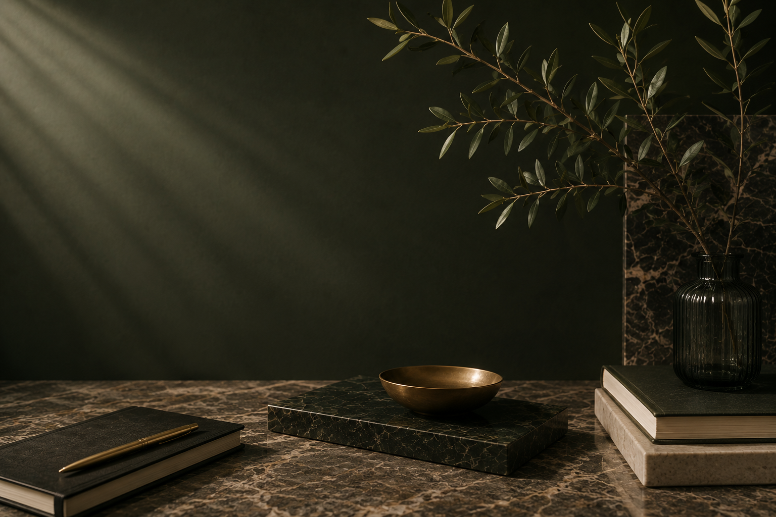 A dark-colored marble tabletop with a closed black notebook and a gold pen, a brass bowl on a marble slab, a glass vase with leafy branches, and stacked hardcover books on a dark wall background with dramatic lighting.