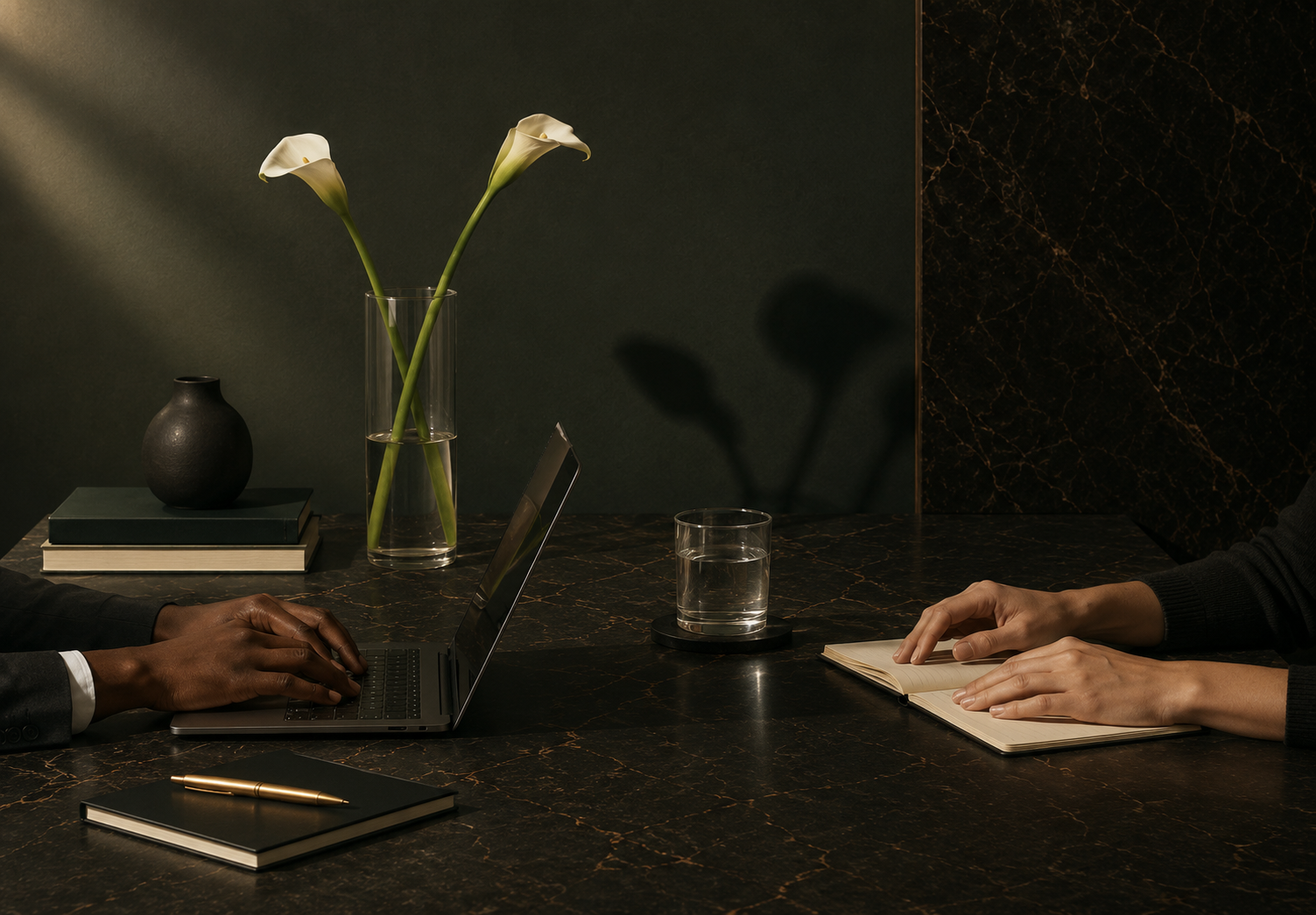 Two people sit at a dark marble table, one using a laptop and the other with an open notebook, with a glass of water and a vase with white calla lilies on the table; a black vase and books are on the surface, casting shadows on the wall.