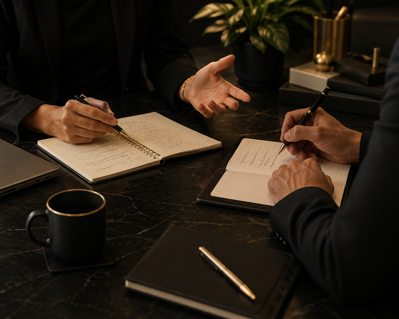 Two people in business attire having a discussion at a dark marble table with notebooks, pens, a laptop, a black mug, and decorative plants.