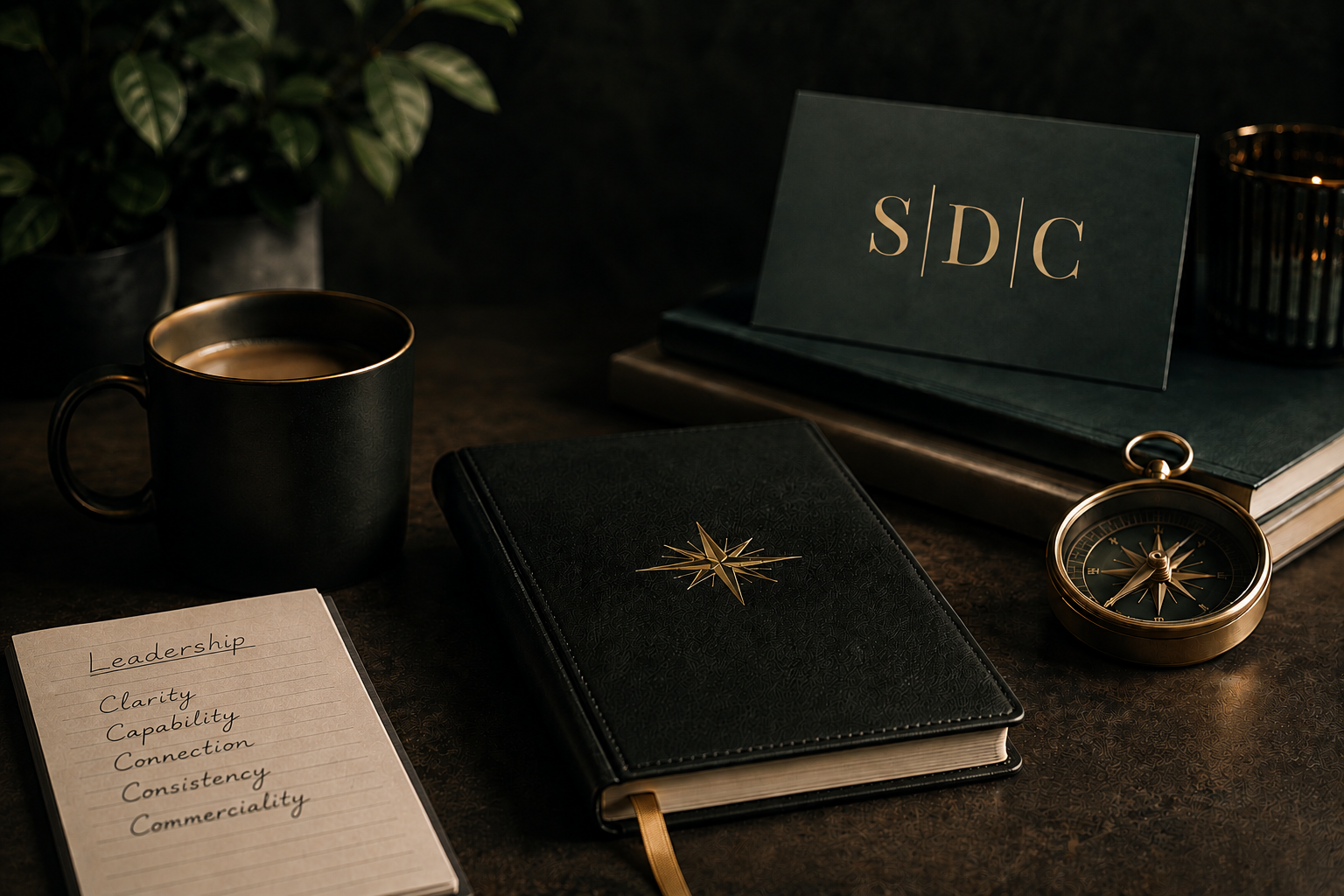 A dark wooden desk with a green coffee mug, a notebook with a compass on it, a handwritten note listing leadership qualities, a black folder with a gold compass emblem, a stack of books with a sign labeled 'S/D/C', and a small candle in a black holder in the background.