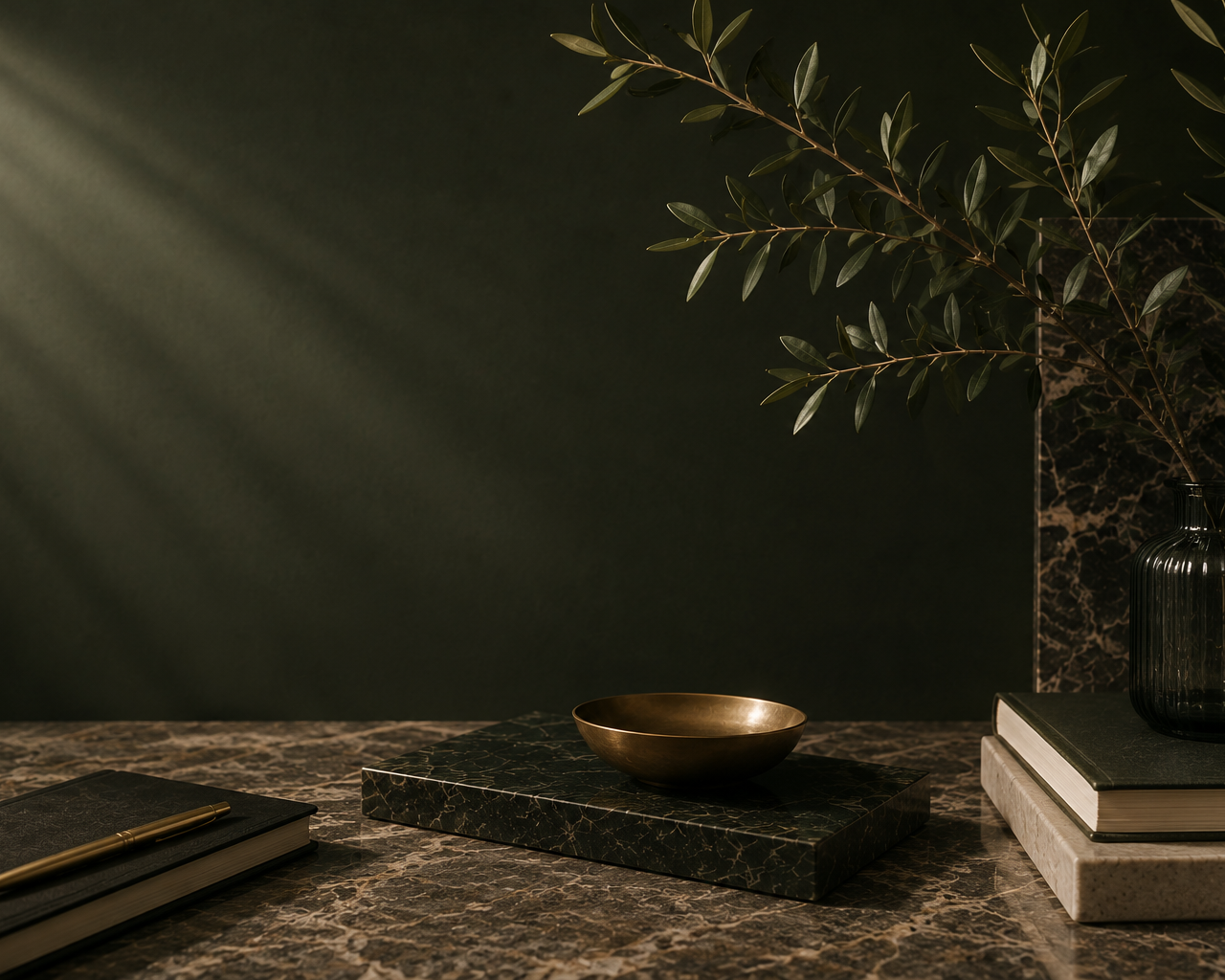 Decorative table arrangement with a black marble surface, a brass bowl, black and white books, a black pen, and a green leafy plant in a black vase against a dark wall background.
