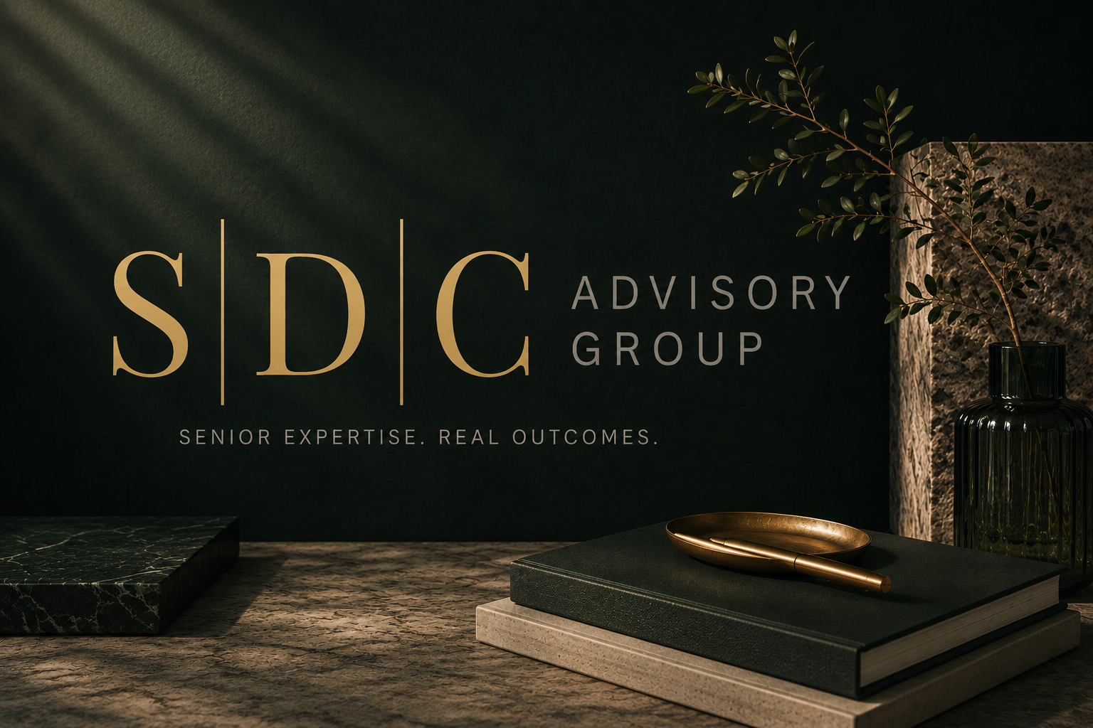 Dark green background with the text 'SDC Advisory Group' and the tagline 'Senior expertise. Real outcomes.' On a textured table, there is a black marble desk accessory, a black hardcover book with a gold pen and a gold tray, and a tall black vase with green leafy branches.
