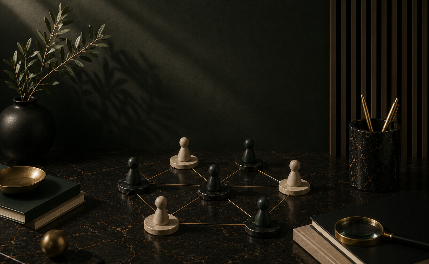 A dark, sophisticated desk setup featuring a network of connected pawn pieces made from black and white marble, a black vase with green leafy branches, gold pens in a black marble holder, a magnifying glass, and stacked books with a gold bowl, all set against a textured dark wall with vertical lines.