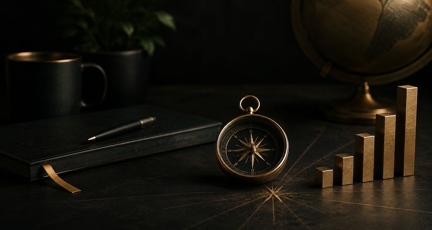 Dark workspace with black bookshelf, black mugs, green potted plant, black notebook with pen, gold compass, and ascending gold bar chart, with a globe in the background.