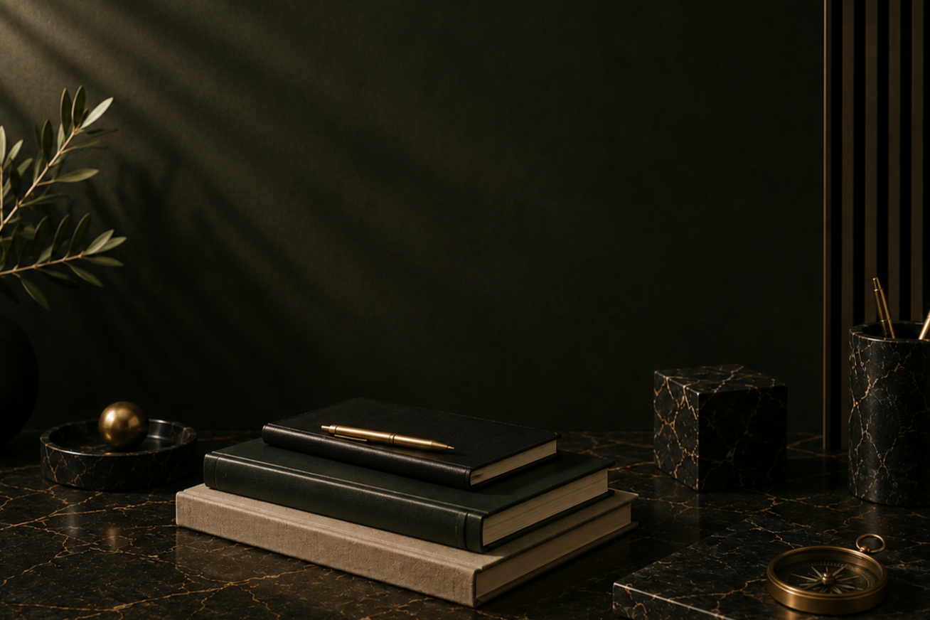 A sleek black and gold desk setup with books, a pen, marble decor, a plant, and a compass on a dark marble surface against a dark wall.