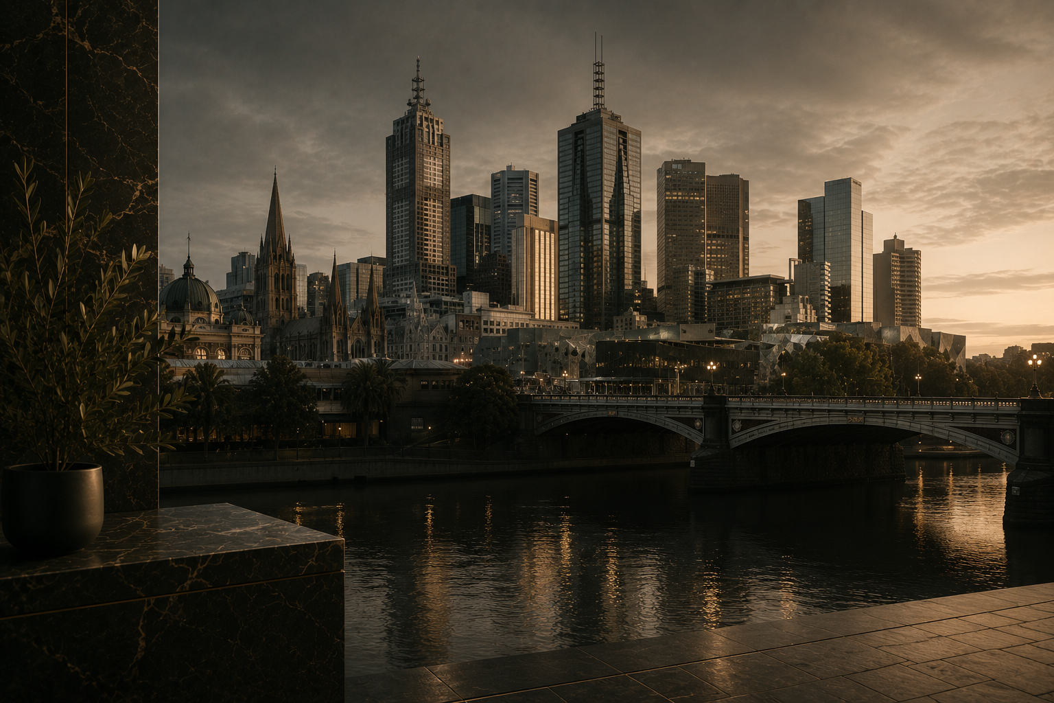 City skyline with tall skyscrapers and a historic church, reflected in a river during sunset, with a bridge and trees in the foreground.