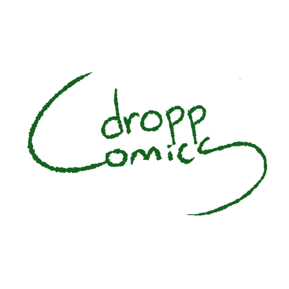 Green chalkboard with the words 'drop comic' written in green chalk, surrounded by a simple curved arrow.