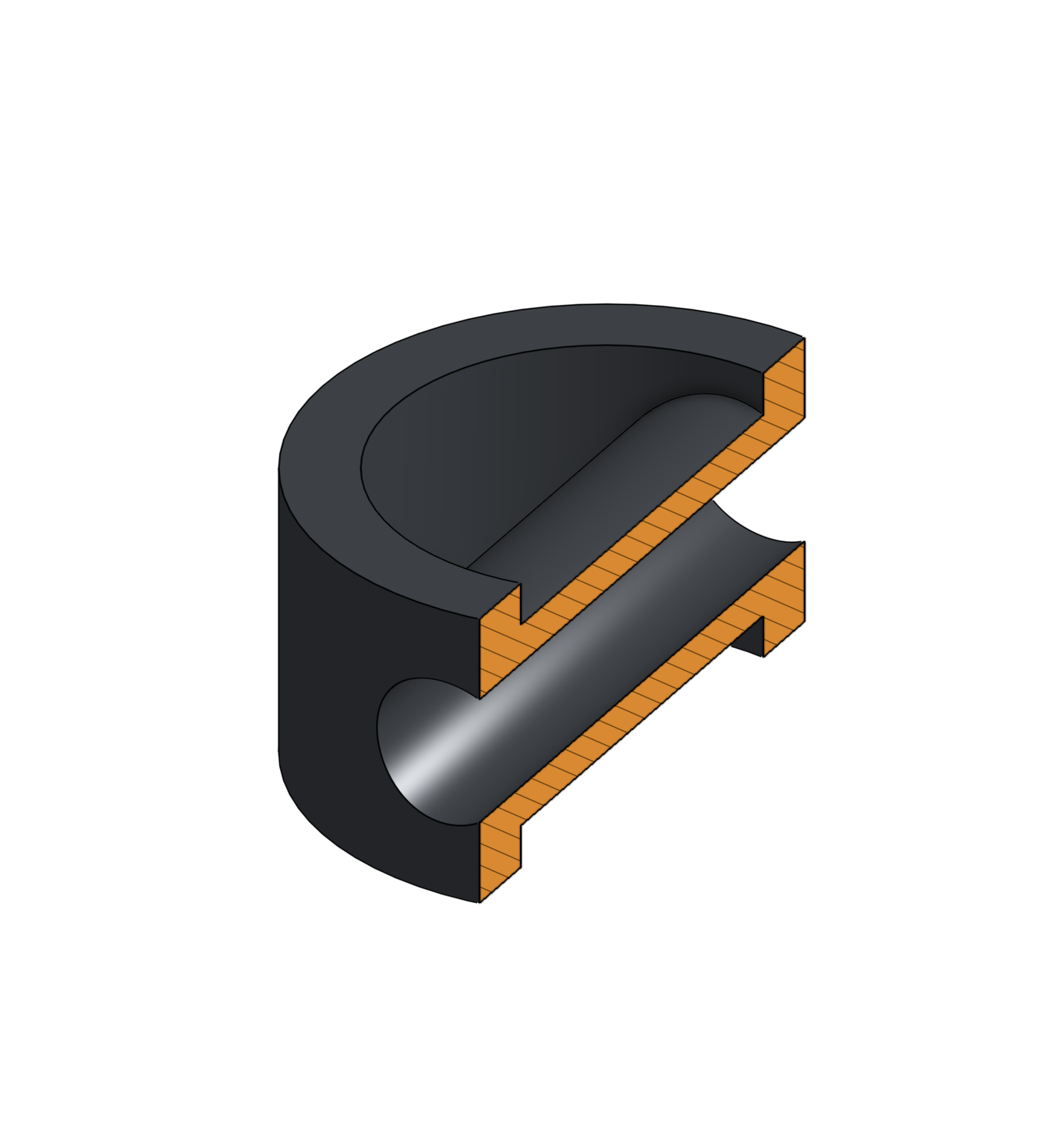 3D model of a black, hollow, cylindrical pipe fitting with orange cross-sectional cutouts, showing the interior bore and internal structure.