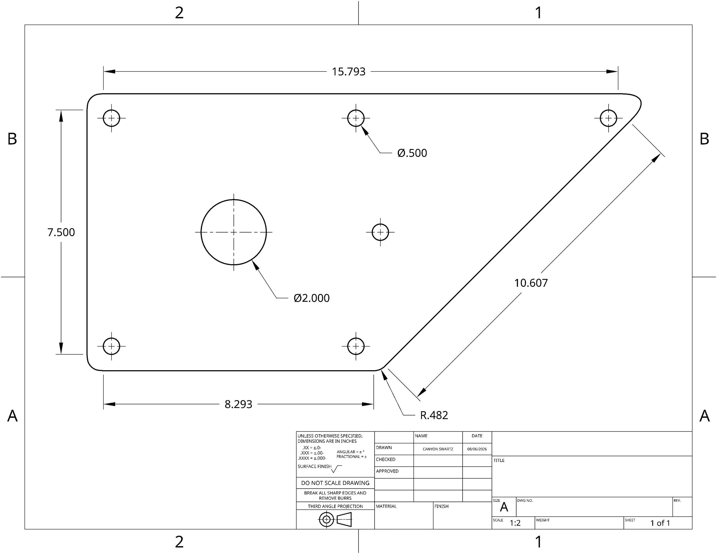 Technical drawing of a metal plate with four holes, dimensions marked, including lengths, radii, and hole sizes.