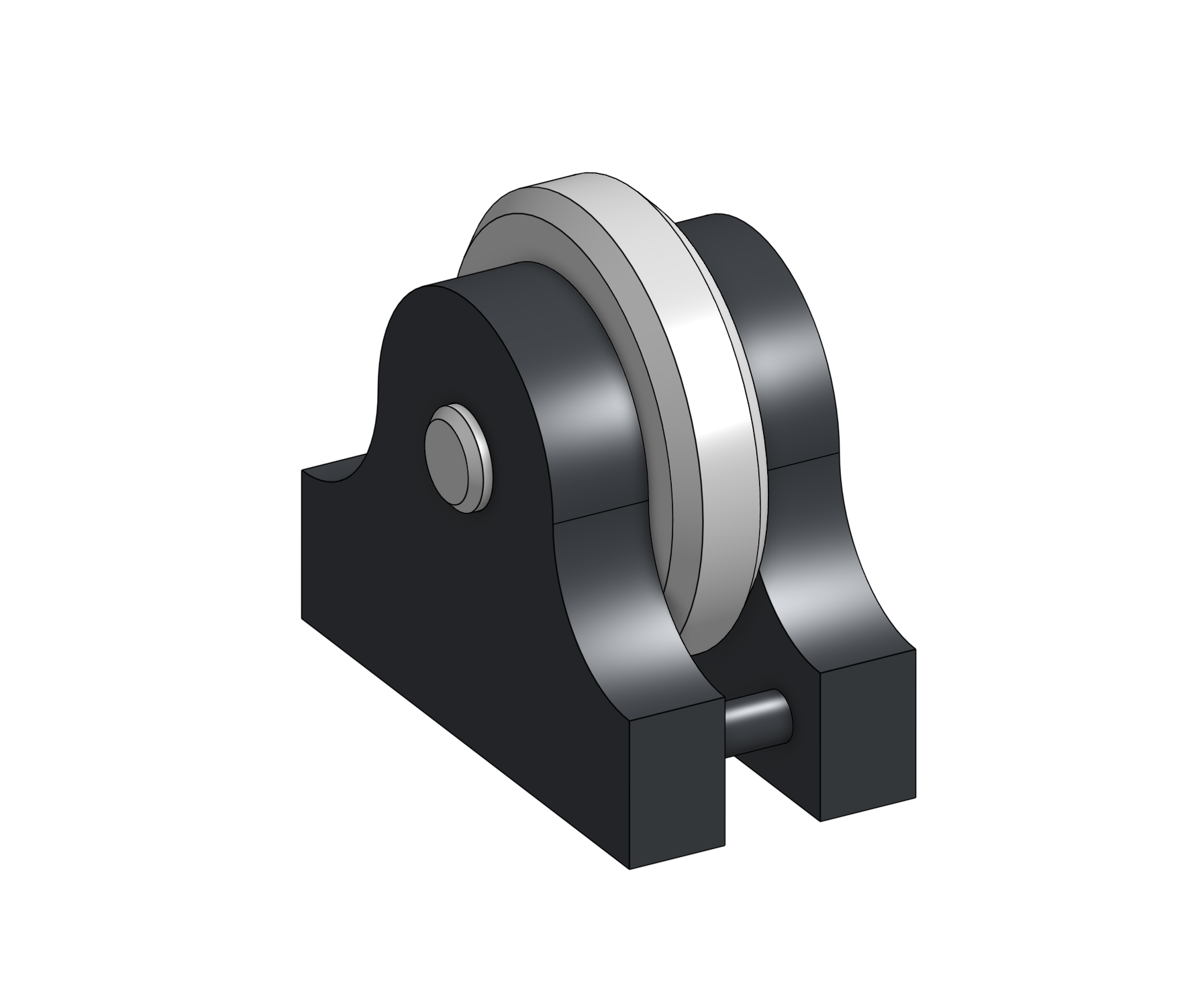 3D model of a mechanical component with a black base, silver and black circular and arched elements, and a small silver wheel attached to the side.