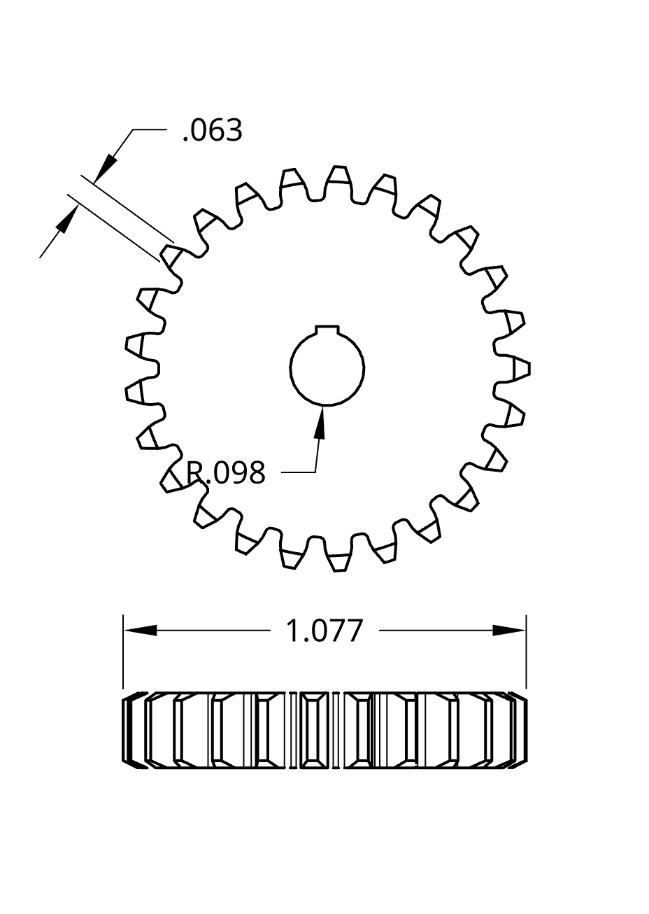 Technical drawing of a gear with measurements labeled, showing top and side views.