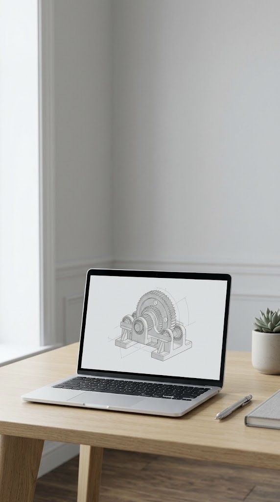 A laptop on a wooden desk displaying a mechanical gear drawing, with a notebook, pen, and potted succulent plant nearby in a bright room.