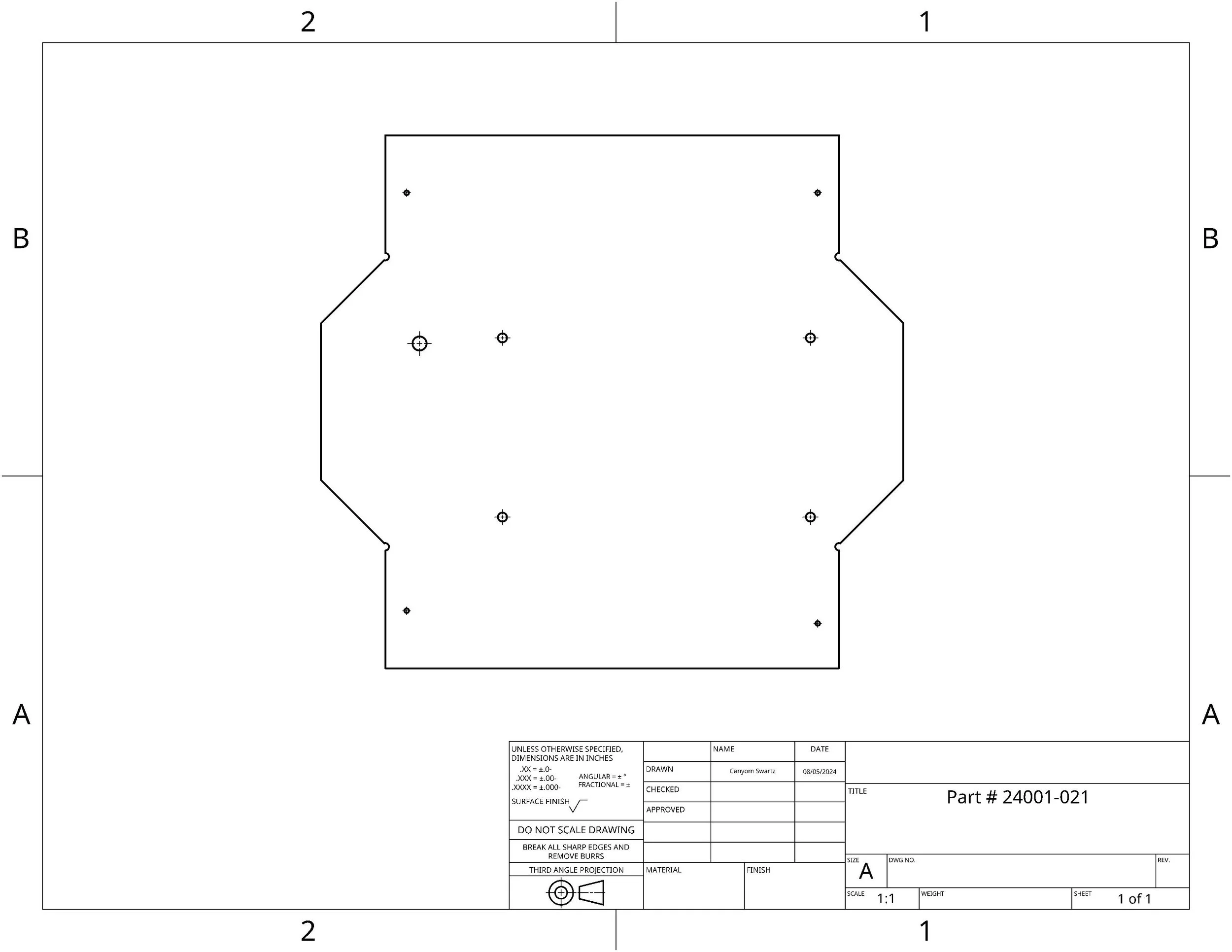Technical engineering drawing of a part labeled Part # 24001-021, created by Canyon Swartz on 08/05/2024, with detailed notes on dimensions, tolerances, and materials.