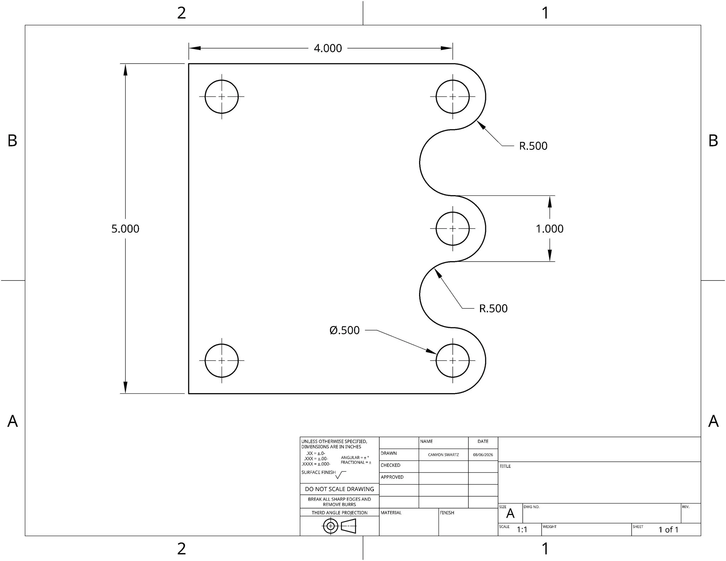 Technical engineering drawing of a metal plate with multiple holes and curves, dimensions and radius annotations, on a grid with labeled axes.