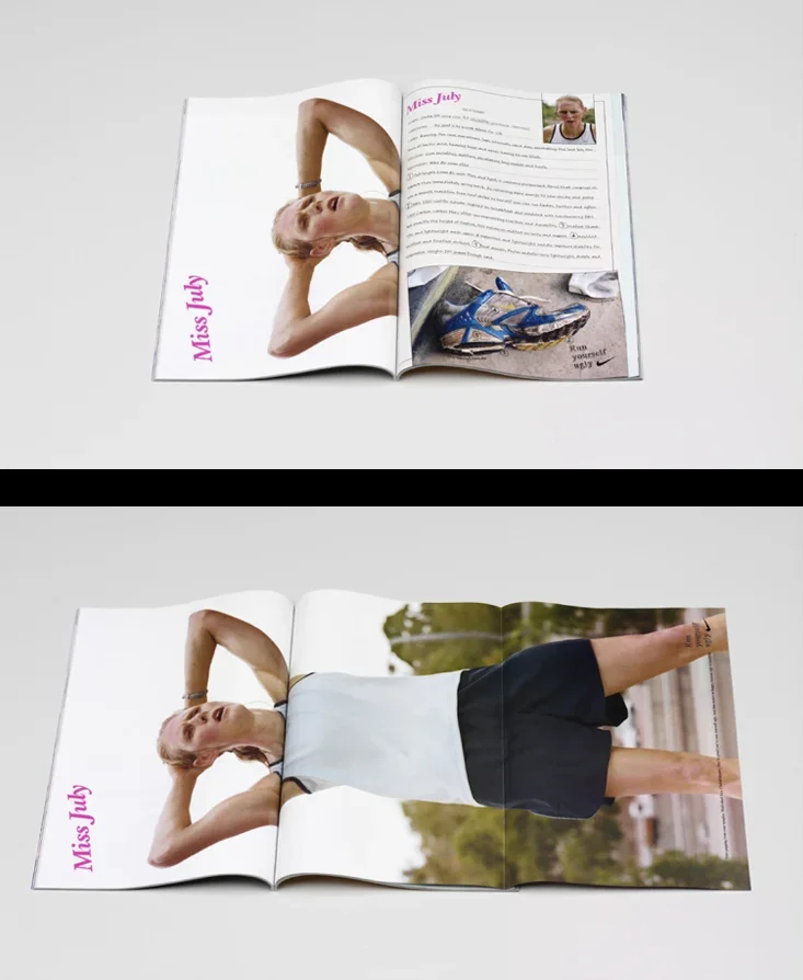 An open magazine with images of a young woman, one on each page, in athletic attire in outdoor settings. The text 'Miss July' appears on both pages.