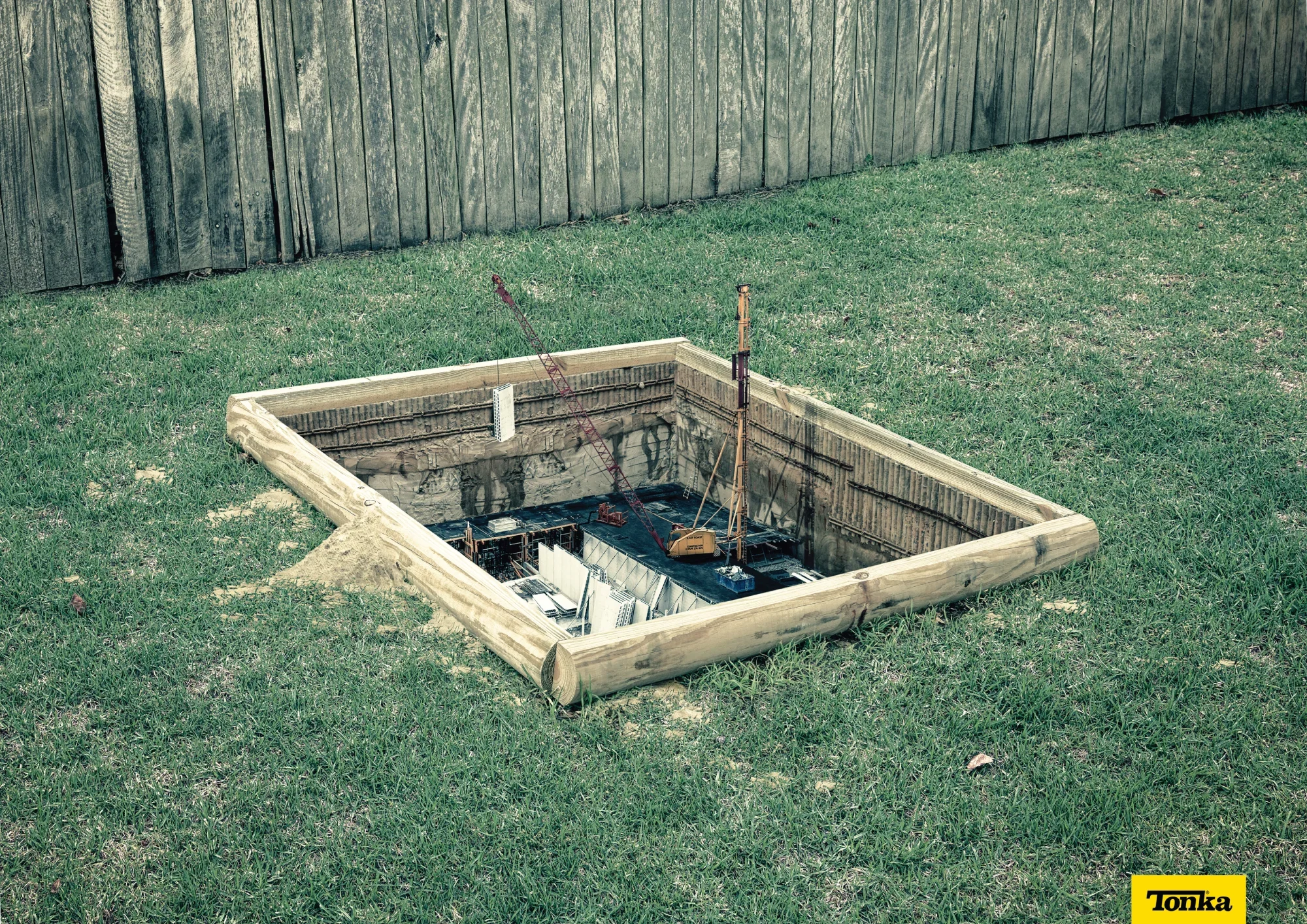 Construction site with a wooden form for a basement or foundation, with construction equipment and a crane inside, surrounded by grass and a wooden fence.