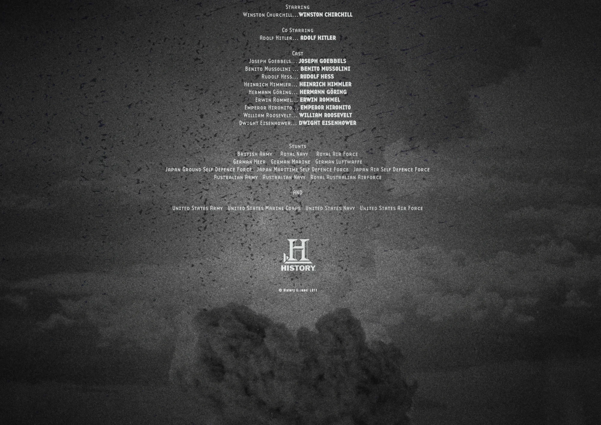 Image of the ending credits of a historical documentary, listing the cast and crew, with a dark background and a rock formation at the bottom.