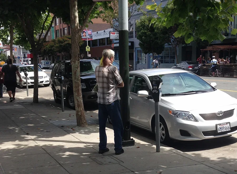 A man with gray hair, wearing a plaid shirt and jeans, stands on a city sidewalk beside a parking meter, facing a silver Toyota car parked along the street. There are trees and other parked cars, pedestrians, and buildings in the background.