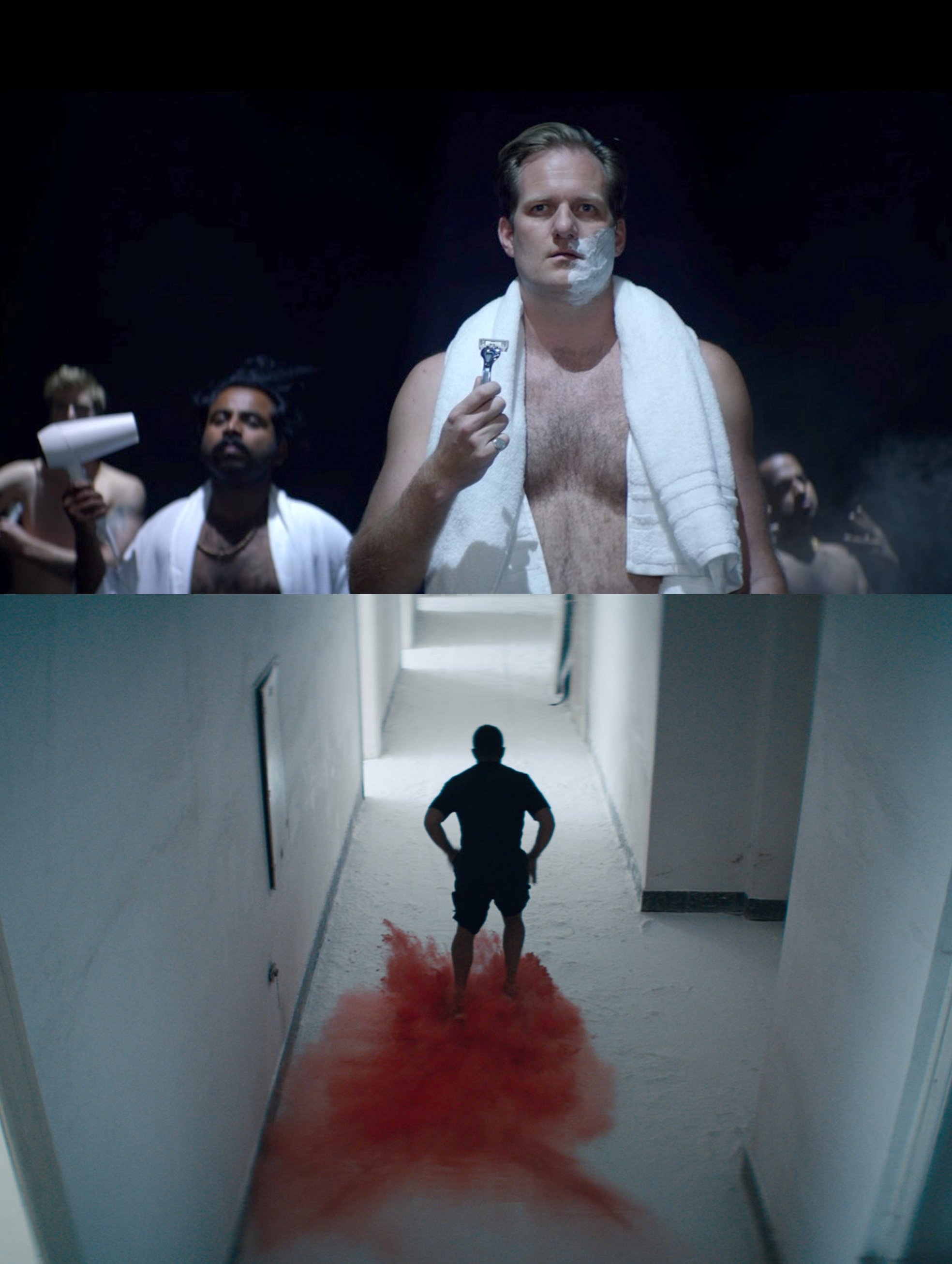 The top image shows a man with a towel around his neck and shaving cream on his face, holding a razor, with other men in the background. The bottom image depicts a person walking down a hallway with blood spread on the floor behind them.