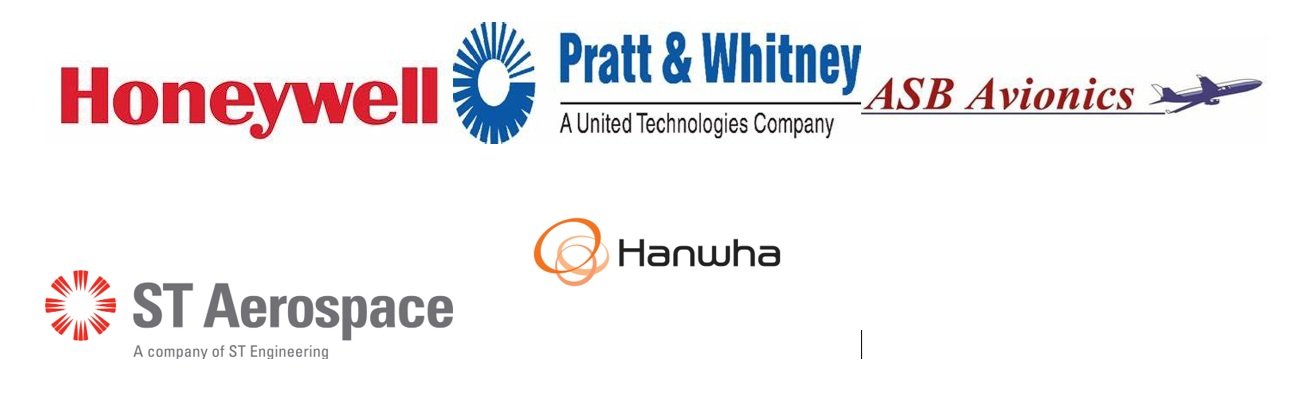 Logos of several aerospace and aviation companies, including Honeywell, Pratt & Whitney, ASB Avionics, Hanwha, and ST Aerospace.