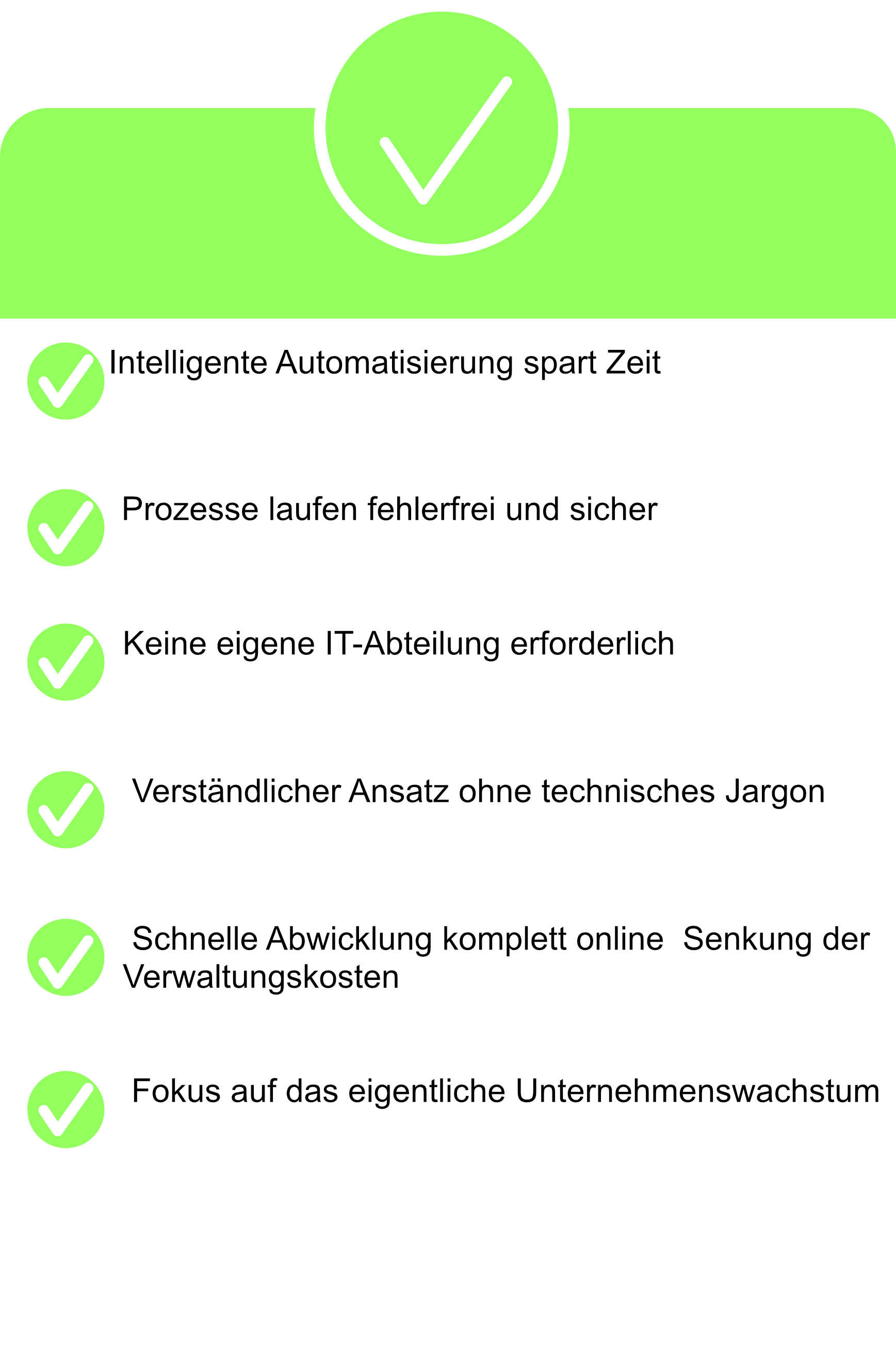 Ein digitales Dokument mit grünen Häkchen und deutschen Texten, die Vorteile eines automatisierten und effizienten Unternehmensmanagements hervorheben.