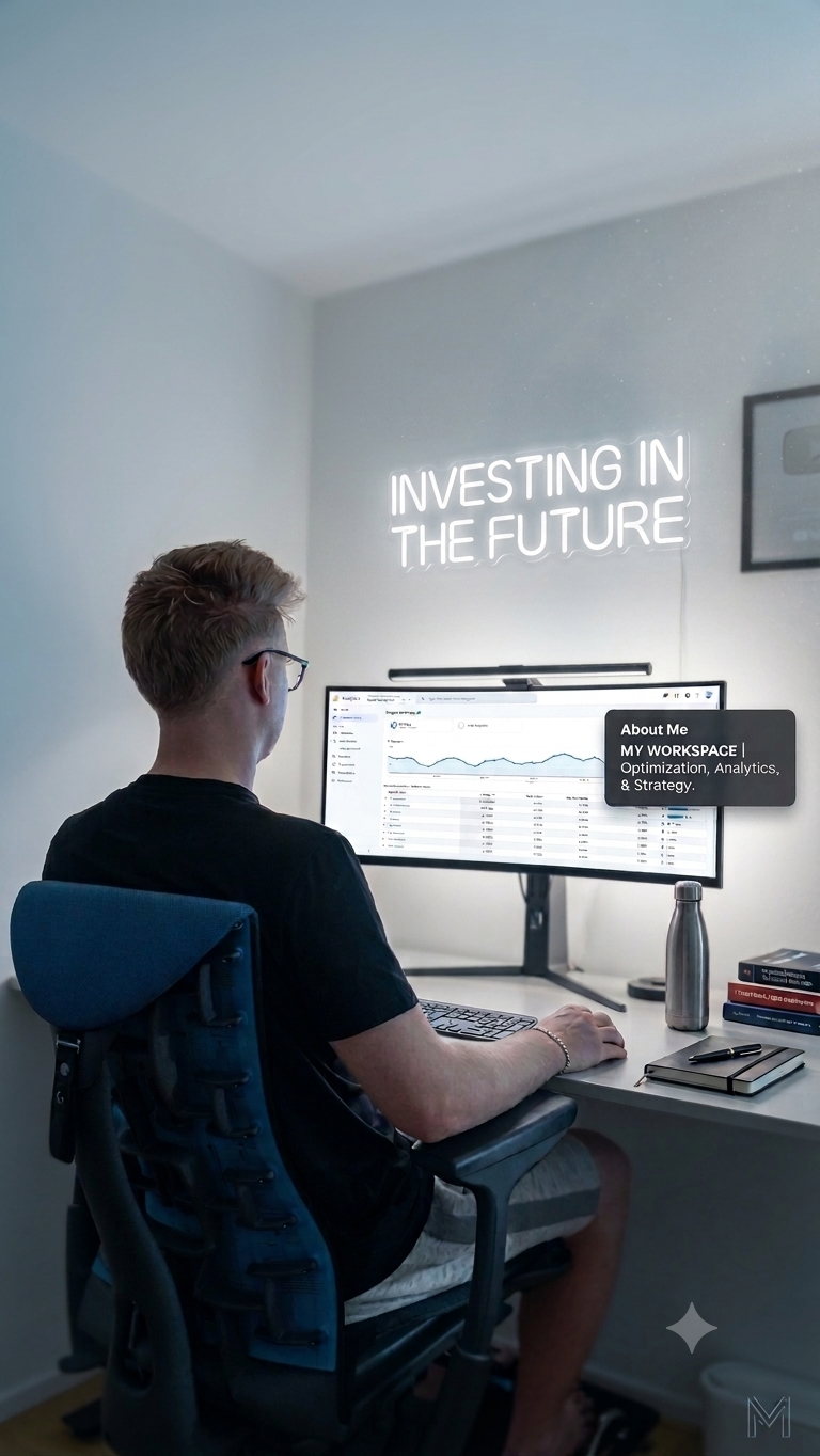 Junger Mann arbeitet an einem Computer in einem modernen Büro. Wanddekoration mit Neon-Schriftzug 'Investing in the Future'.